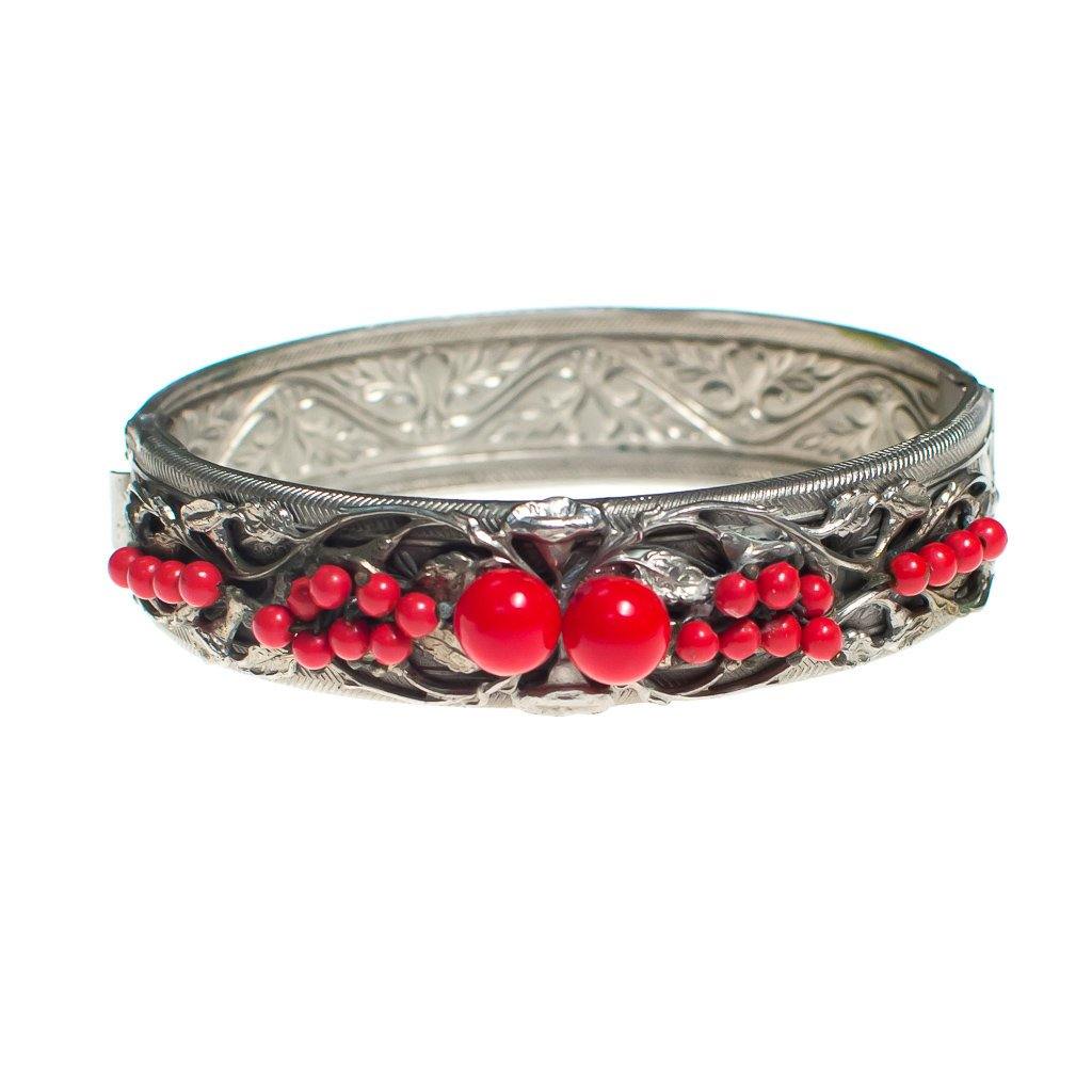 Vintage 1920s 1930s Czech Silver Tone Bangle Bracelet with Red Beads and Embossed Floral Details