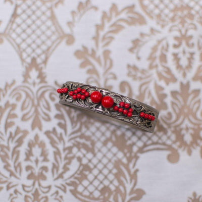 Vintage 1920s 1930s Czech Silver Tone Bangle Bracelet with Red Beads and Embossed Floral Details by Czech - Vintage Meet Modern Vintage Jewelry - Chicago, Illinois - #oldhollywoodglamour #vintagemeetmodern #designervintage #jewelrybox #antiquejewelry #vintagejewelry