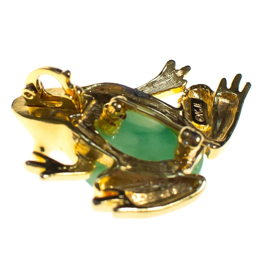 Vintage Kenneth Jay Lane Gold Frog with Jade Green Belly Brooch/Pendant by KJL - Vintage Meet Modern Vintage Jewelry - Chicago, Illinois - #oldhollywoodglamour #vintagemeetmodern #designervintage #jewelrybox #antiquejewelry #vintagejewelry