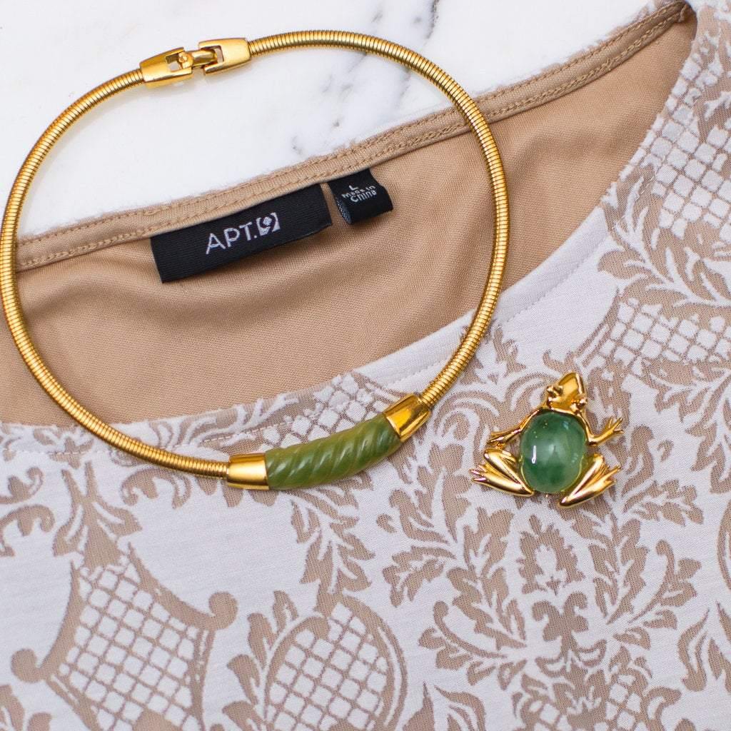 Vintage Kenneth Jay Lane Gold Frog with Jade Green Belly Brooch/Pendant by KJL - Vintage Meet Modern Vintage Jewelry - Chicago, Illinois - #oldhollywoodglamour #vintagemeetmodern #designervintage #jewelrybox #antiquejewelry #vintagejewelry