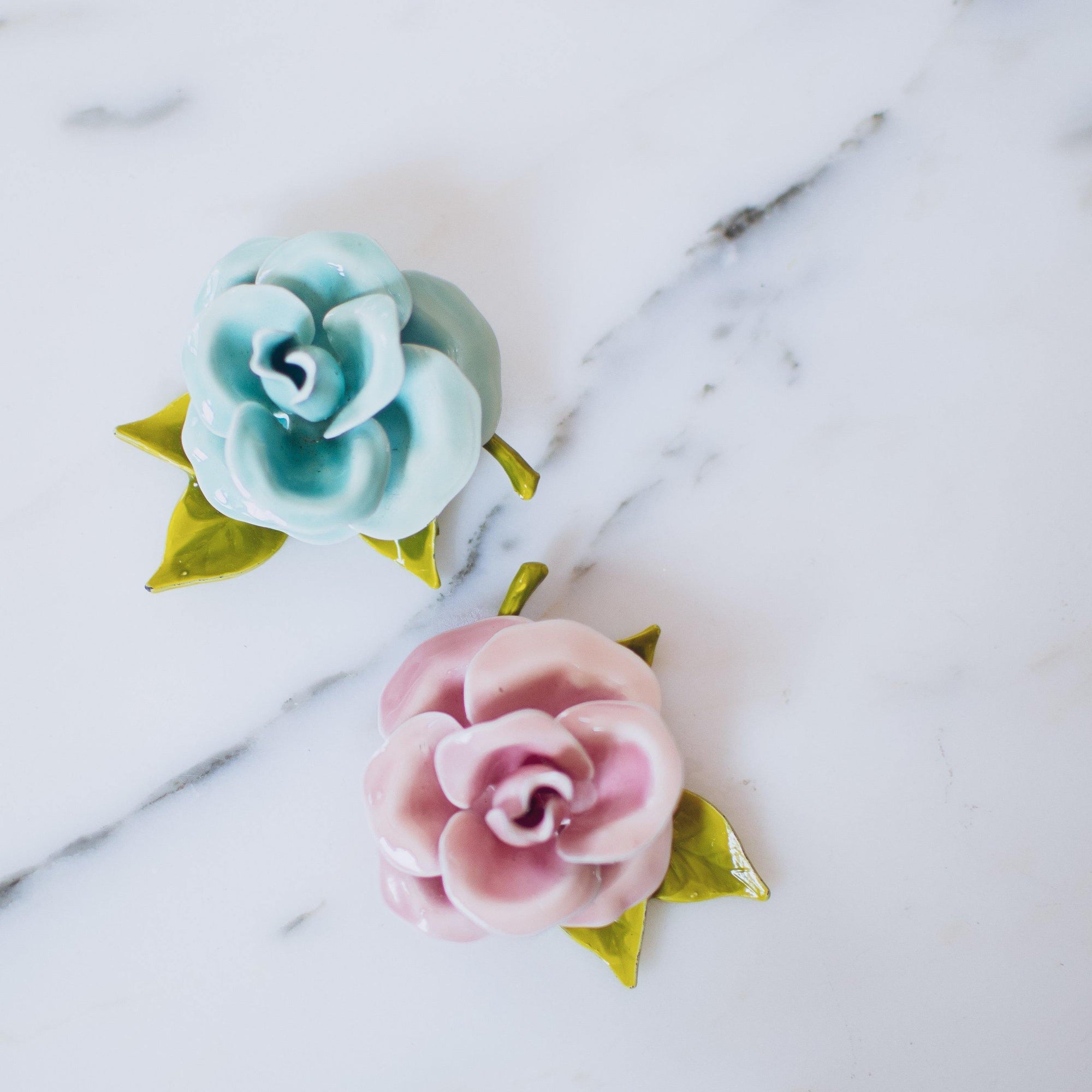 Vintage Blue Flower Enamel Brooch, Green Porcelain Leaves, Brooches and Pins by 1950s - Vintage Meet Modern Vintage Jewelry - Chicago, Illinois - #oldhollywoodglamour #vintagemeetmodern #designervintage #jewelrybox #antiquejewelry #vintagejewelry