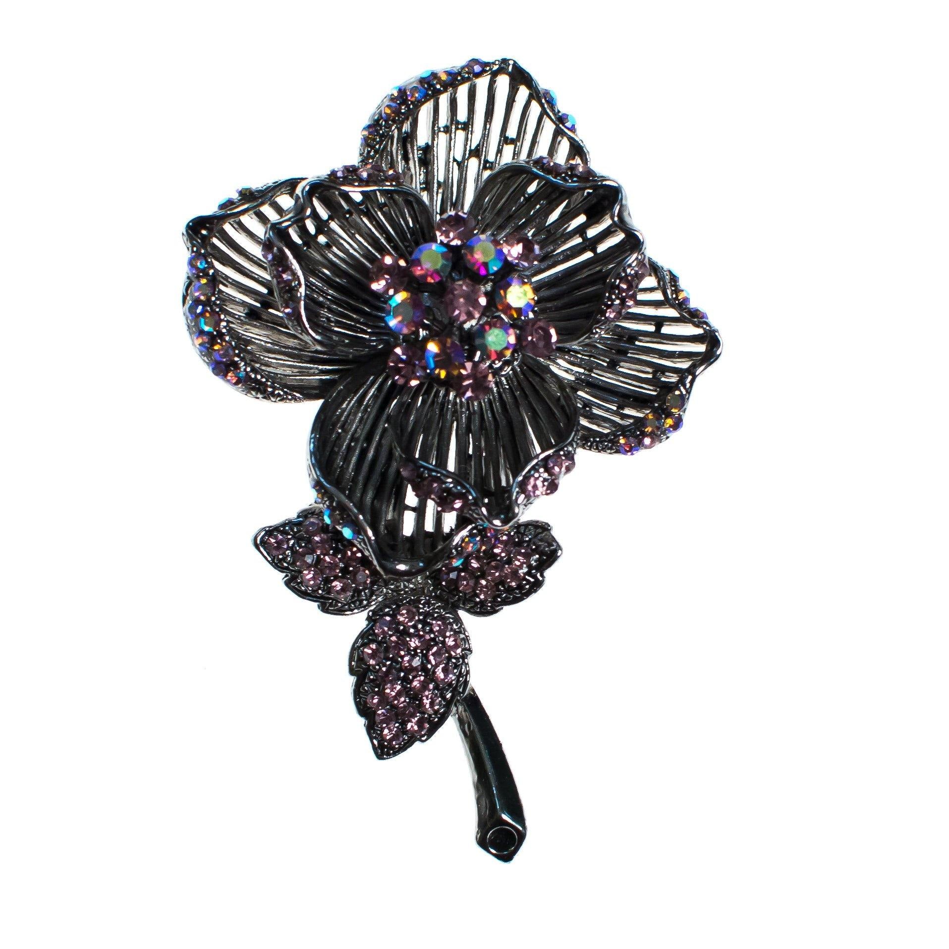 Vintage Silver Long Stem Rose Brooch with Iridescent Pink Rhinestones by 1990s - Vintage Meet Modern Vintage Jewelry - Chicago, Illinois - #oldhollywoodglamour #vintagemeetmodern #designervintage #jewelrybox #antiquejewelry #vintagejewelry