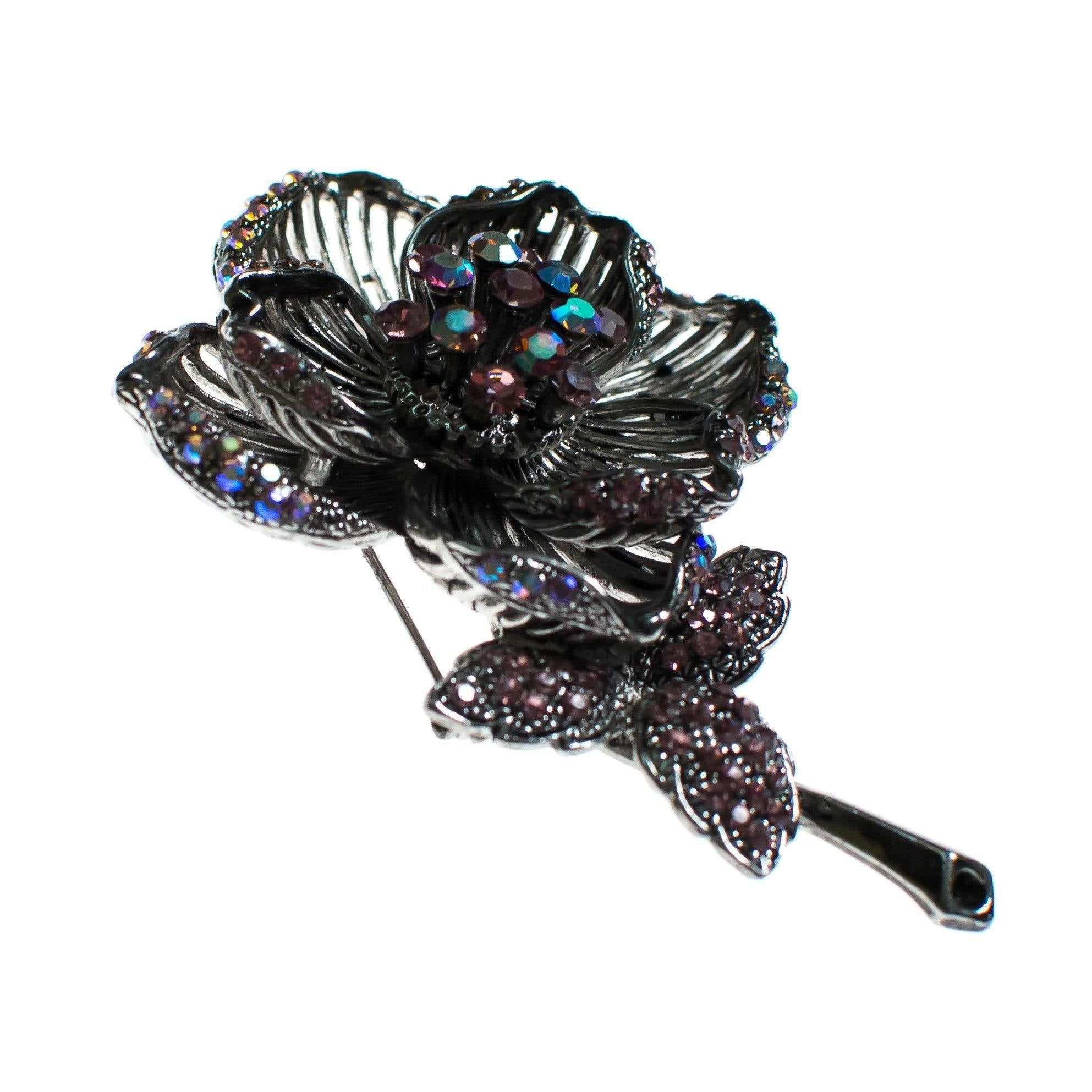 Vintage Silver Long Stem Rose Brooch with Iridescent Pink Rhinestones by 1990s - Vintage Meet Modern Vintage Jewelry - Chicago, Illinois - #oldhollywoodglamour #vintagemeetmodern #designervintage #jewelrybox #antiquejewelry #vintagejewelry