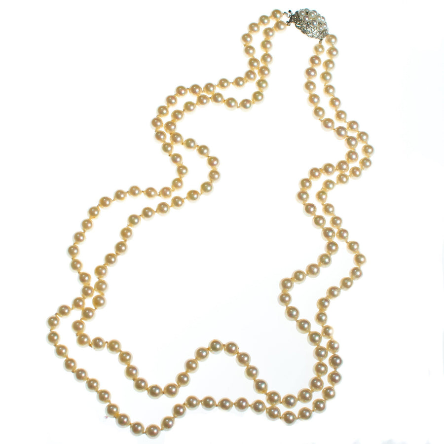 Vintage Art Deco Long Double Strand Creamy Ivory Glass Pearl Necklace with Diamante Rhinestone Clasp by 1950s - Vintage Meet Modern Vintage Jewelry - Chicago, Illinois - #oldhollywoodglamour #vintagemeetmodern #designervintage #jewelrybox #antiquejewelry #vintagejewelry