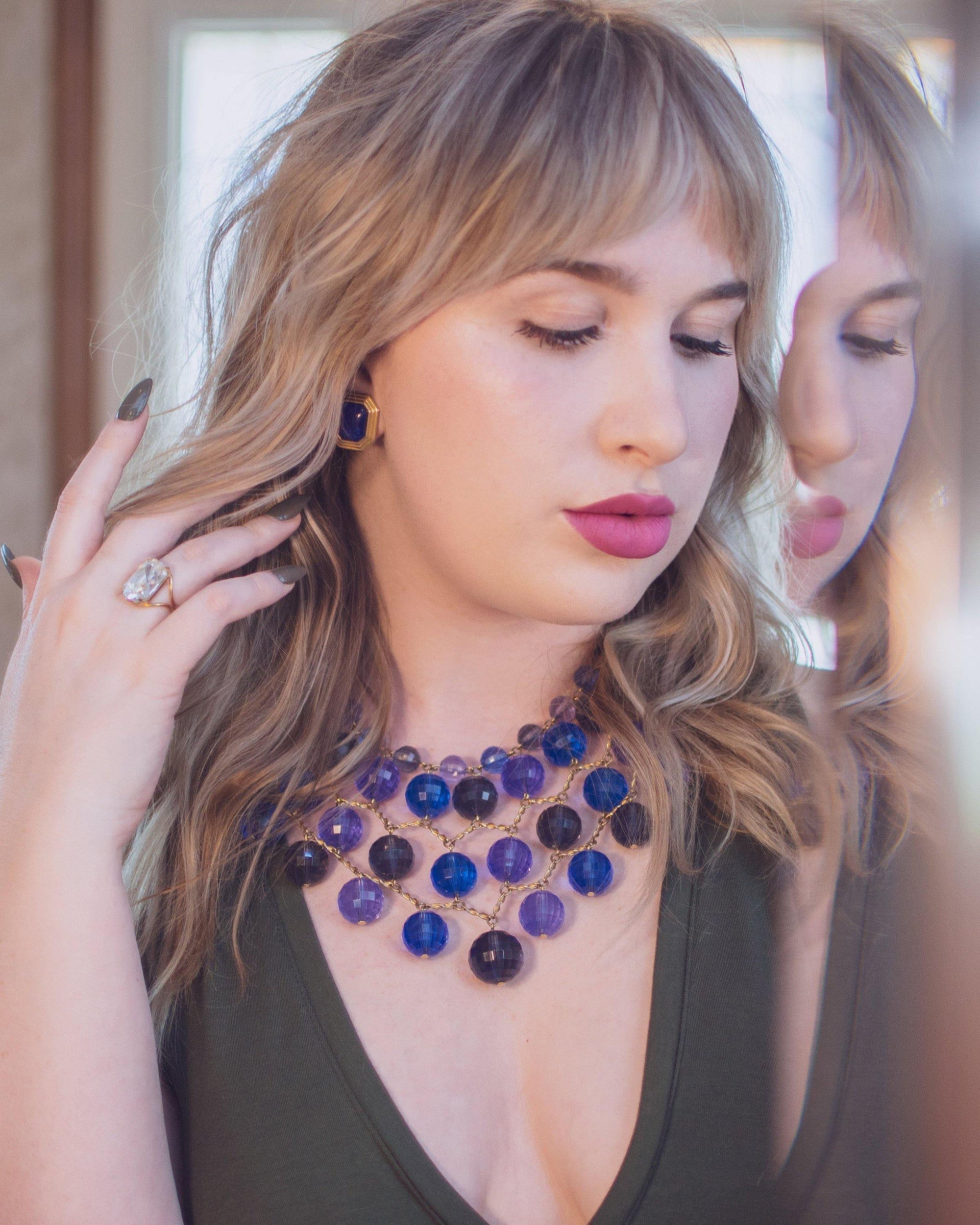 Vintage Faceted Blue Lucite Bubble Bead Bib Statement Necklace by 1960s - Vintage Meet Modern Vintage Jewelry - Chicago, Illinois - #oldhollywoodglamour #vintagemeetmodern #designervintage #jewelrybox #antiquejewelry #vintagejewelry