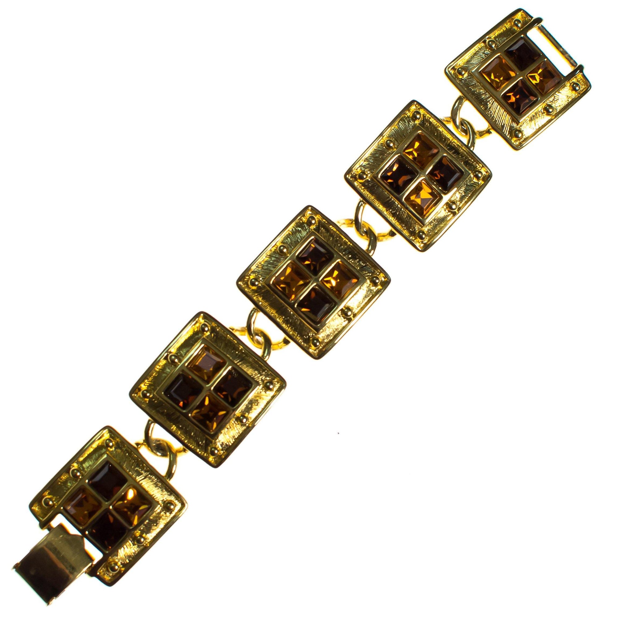 Vintage Napier Square Link Bracelet with Amber and Smokey Topaz Crystals by Napier - Vintage Meet Modern Vintage Jewelry - Chicago, Illinois - #oldhollywoodglamour #vintagemeetmodern #designervintage #jewelrybox #antiquejewelry #vintagejewelry