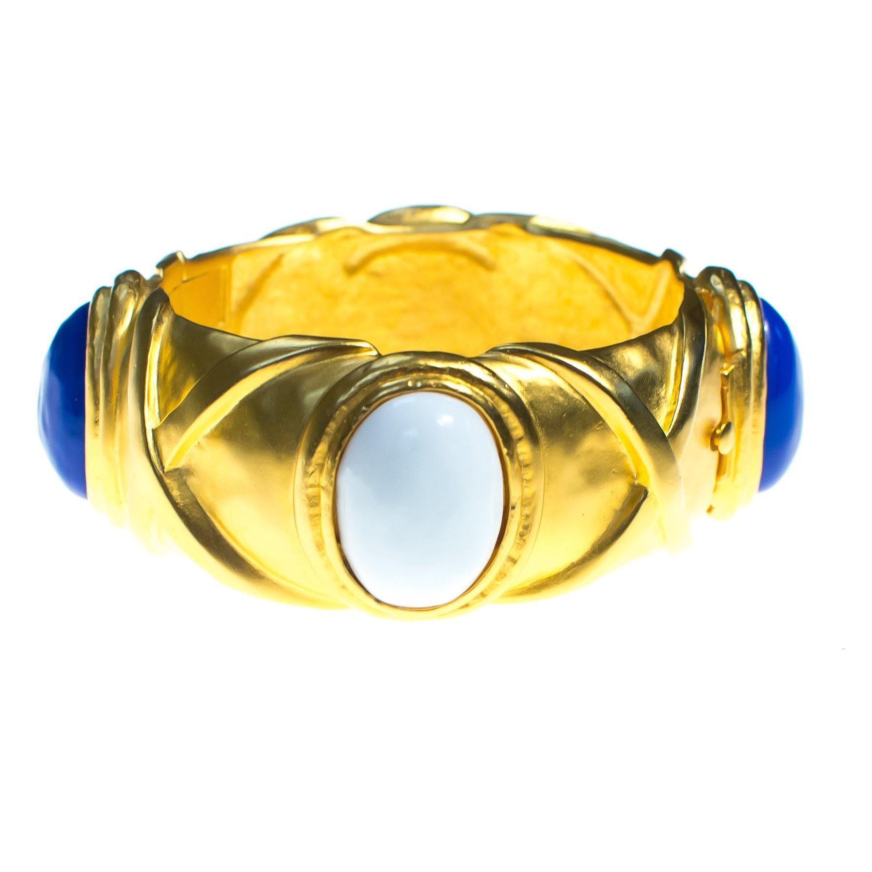 Vintage Karl Lagerfeld Couture Brushed Gold Bangle with White and Lapis Blue Glass Cabochons by Karl Lagerfeld - Vintage Meet Modern Vintage Jewelry - Chicago, Illinois - #oldhollywoodglamour #vintagemeetmodern #designervintage #jewelrybox #antiquejewelry #vintagejewelry