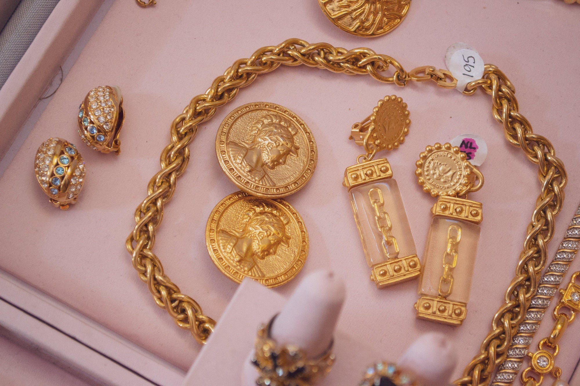 Vintage Gold Coin and Chain Earrings with Lucite by 1980s - Vintage Meet Modern Vintage Jewelry - Chicago, Illinois - #oldhollywoodglamour #vintagemeetmodern #designervintage #jewelrybox #antiquejewelry #vintagejewelry