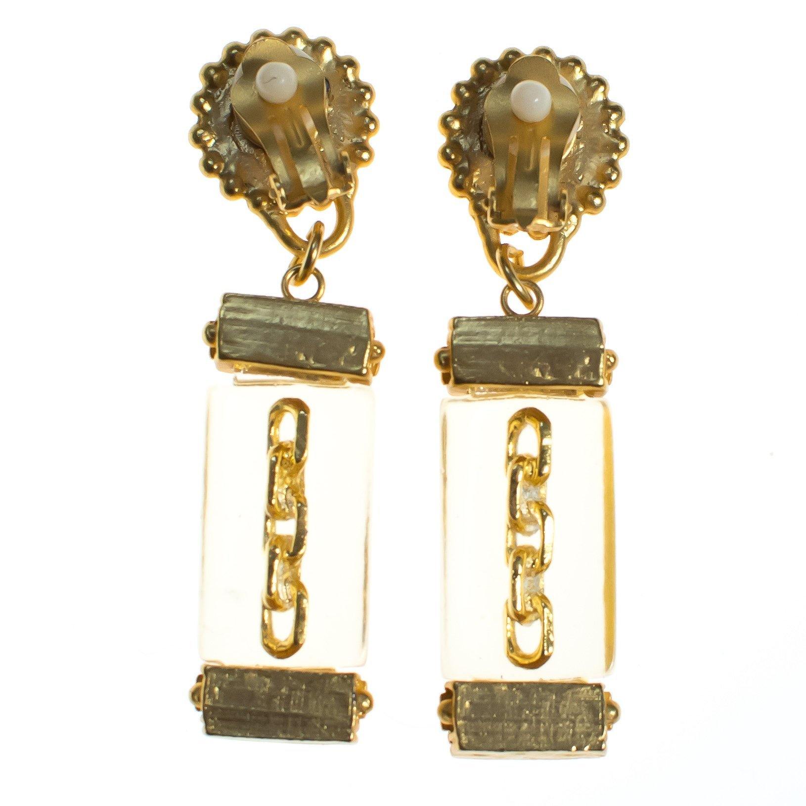 Vintage Gold Coin and Chain Earrings with Lucite by 1980s - Vintage Meet Modern Vintage Jewelry - Chicago, Illinois - #oldhollywoodglamour #vintagemeetmodern #designervintage #jewelrybox #antiquejewelry #vintagejewelry