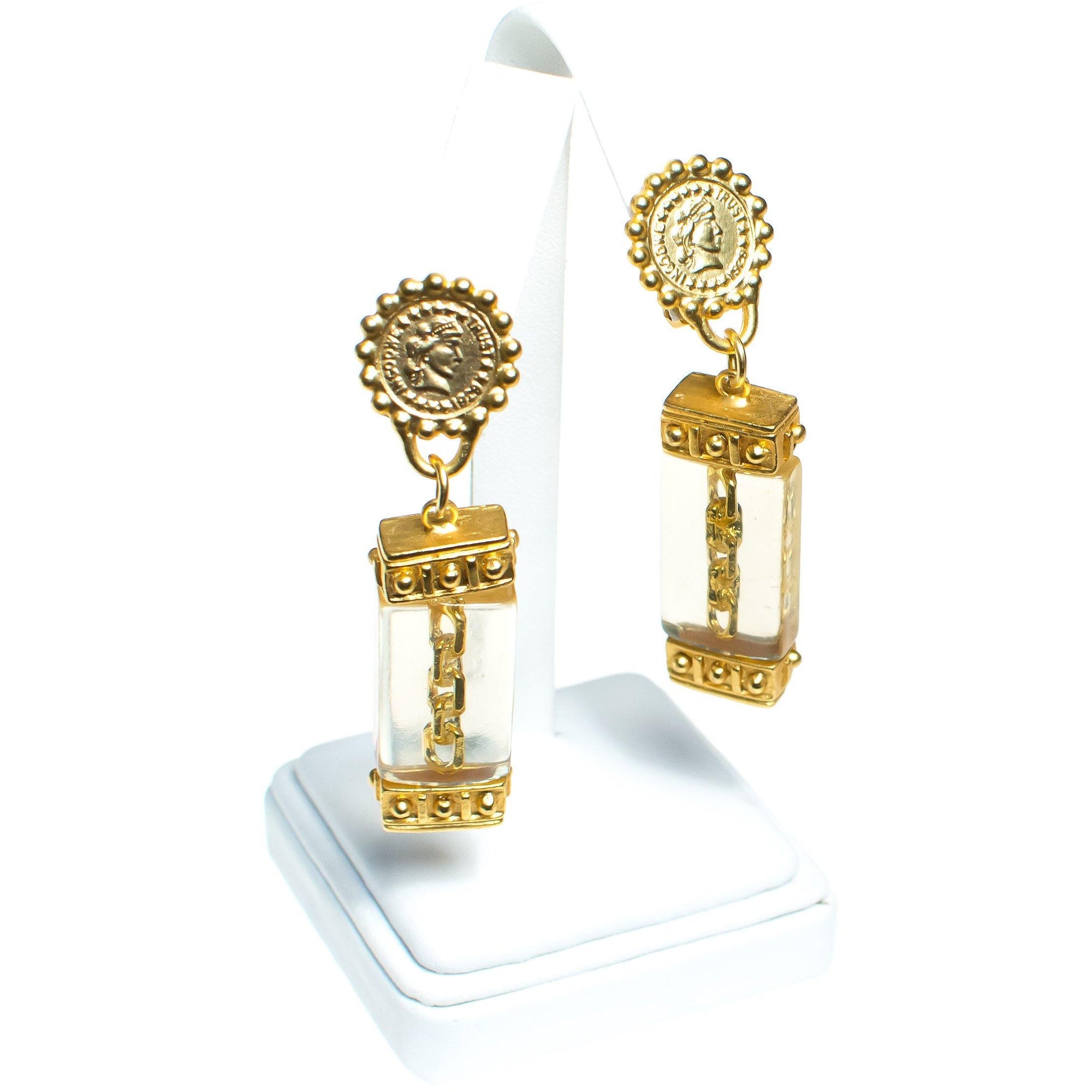 Vintage Gold Coin and Chain Earrings with Lucite by 1980s - Vintage Meet Modern Vintage Jewelry - Chicago, Illinois - #oldhollywoodglamour #vintagemeetmodern #designervintage #jewelrybox #antiquejewelry #vintagejewelry