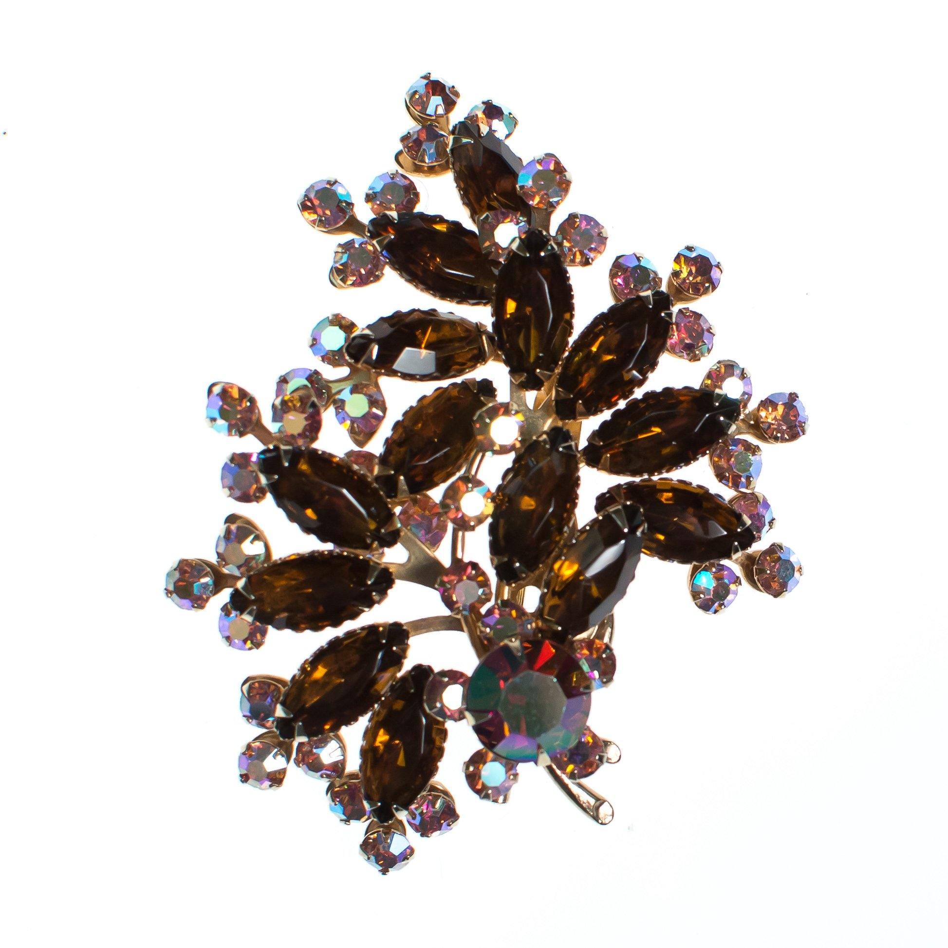Vintage 1950s Amber and Pink Aurora Borealis Rhinestone Brooch by 1950s - Vintage Meet Modern Vintage Jewelry - Chicago, Illinois - #oldhollywoodglamour #vintagemeetmodern #designervintage #jewelrybox #antiquejewelry #vintagejewelry
