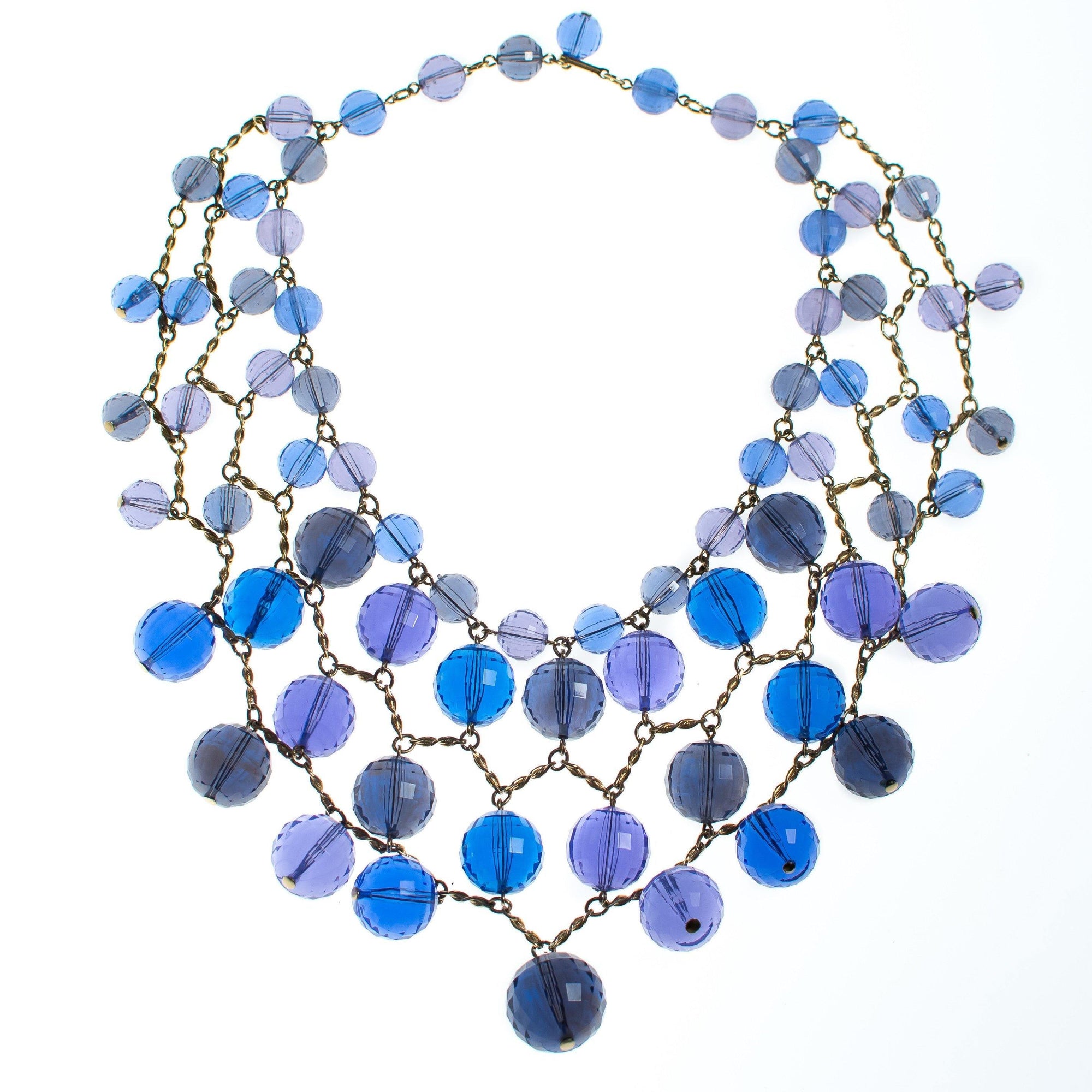 Vintage Faceted Blue Lucite Bubble Bead Bib Statement Necklace by 1960s - Vintage Meet Modern Vintage Jewelry - Chicago, Illinois - #oldhollywoodglamour #vintagemeetmodern #designervintage #jewelrybox #antiquejewelry #vintagejewelry