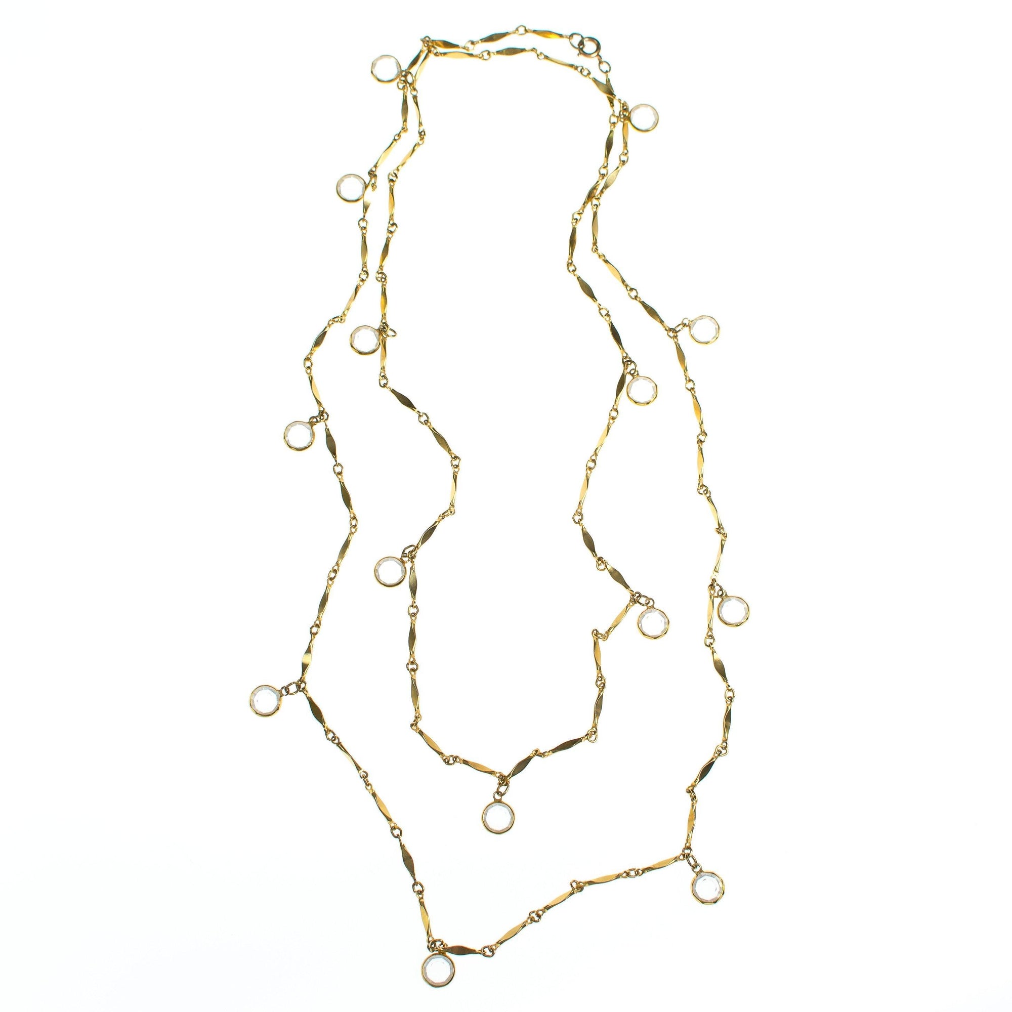 Vintage Bezel Set Crystal and Gold Flat Link Chain Necklace by 1980s - Vintage Meet Modern Vintage Jewelry - Chicago, Illinois - #oldhollywoodglamour #vintagemeetmodern #designervintage #jewelrybox #antiquejewelry #vintagejewelry