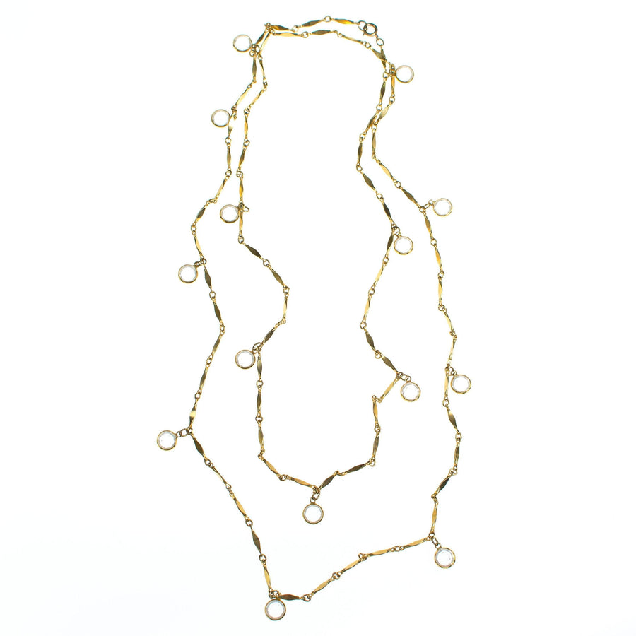 Vintage Bezel Set Crystal and Gold Flat Link Chain Necklace by 1980s - Vintage Meet Modern Vintage Jewelry - Chicago, Illinois - #oldhollywoodglamour #vintagemeetmodern #designervintage #jewelrybox #antiquejewelry #vintagejewelry
