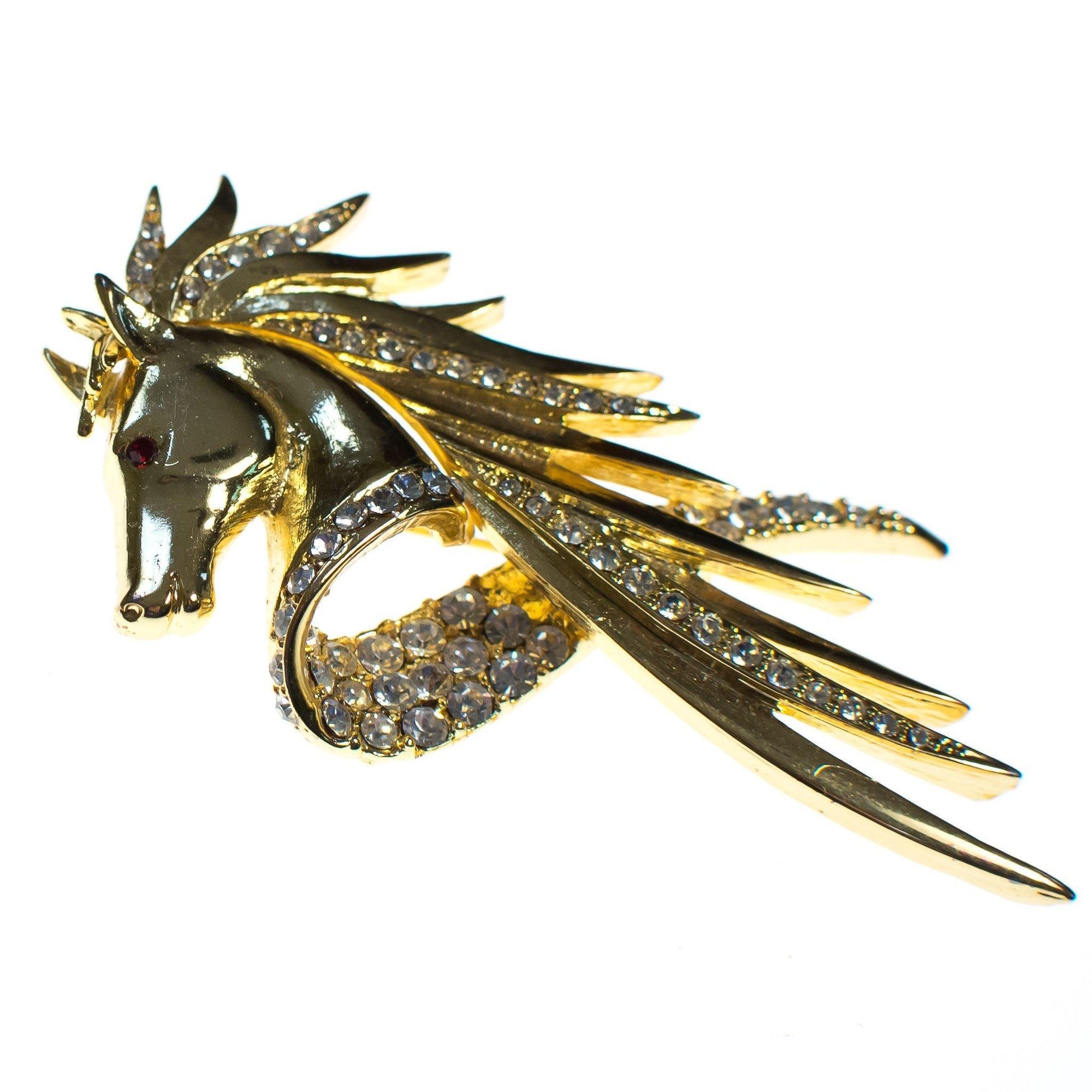 Vintage 1980s Gold and Rhinestone Horse Brooch by 1980s - Vintage Meet Modern Vintage Jewelry - Chicago, Illinois - #oldhollywoodglamour #vintagemeetmodern #designervintage #jewelrybox #antiquejewelry #vintagejewelry