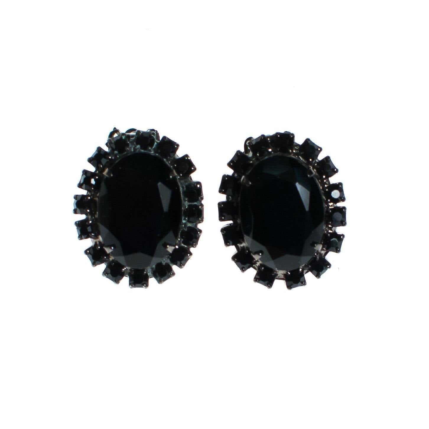 Vintage Jet Black Rhinestone Earrings, Clip-on by 1950s - Vintage Meet Modern Vintage Jewelry - Chicago, Illinois - #oldhollywoodglamour #vintagemeetmodern #designervintage #jewelrybox #antiquejewelry #vintagejewelry