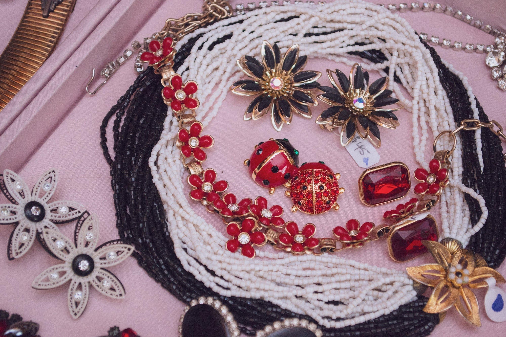 Vintage Ladybug Brooch, Black, Green and Red Rhinestones, Brooches and Pins by 1980s - Vintage Meet Modern Vintage Jewelry - Chicago, Illinois - #oldhollywoodglamour #vintagemeetmodern #designervintage #jewelrybox #antiquejewelry #vintagejewelry