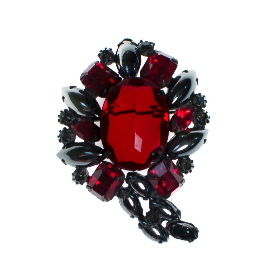 Vintage Weiss Hematite Jet and Red Crystal Rhinestone Brooch by Weiss - Vintage Meet Modern Vintage Jewelry - Chicago, Illinois - #oldhollywoodglamour #vintagemeetmodern #designervintage #jewelrybox #antiquejewelry #vintagejewelry