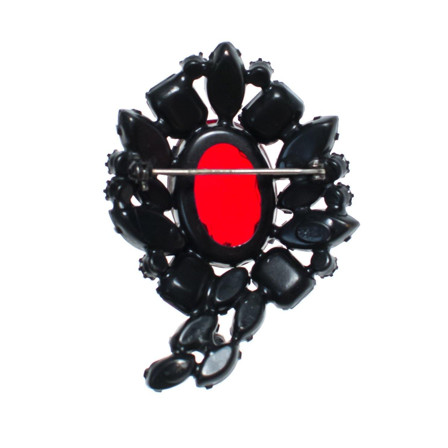 Vintage Weiss Hematite Jet and Red Crystal Rhinestone Brooch by Weiss - Vintage Meet Modern Vintage Jewelry - Chicago, Illinois - #oldhollywoodglamour #vintagemeetmodern #designervintage #jewelrybox #antiquejewelry #vintagejewelry
