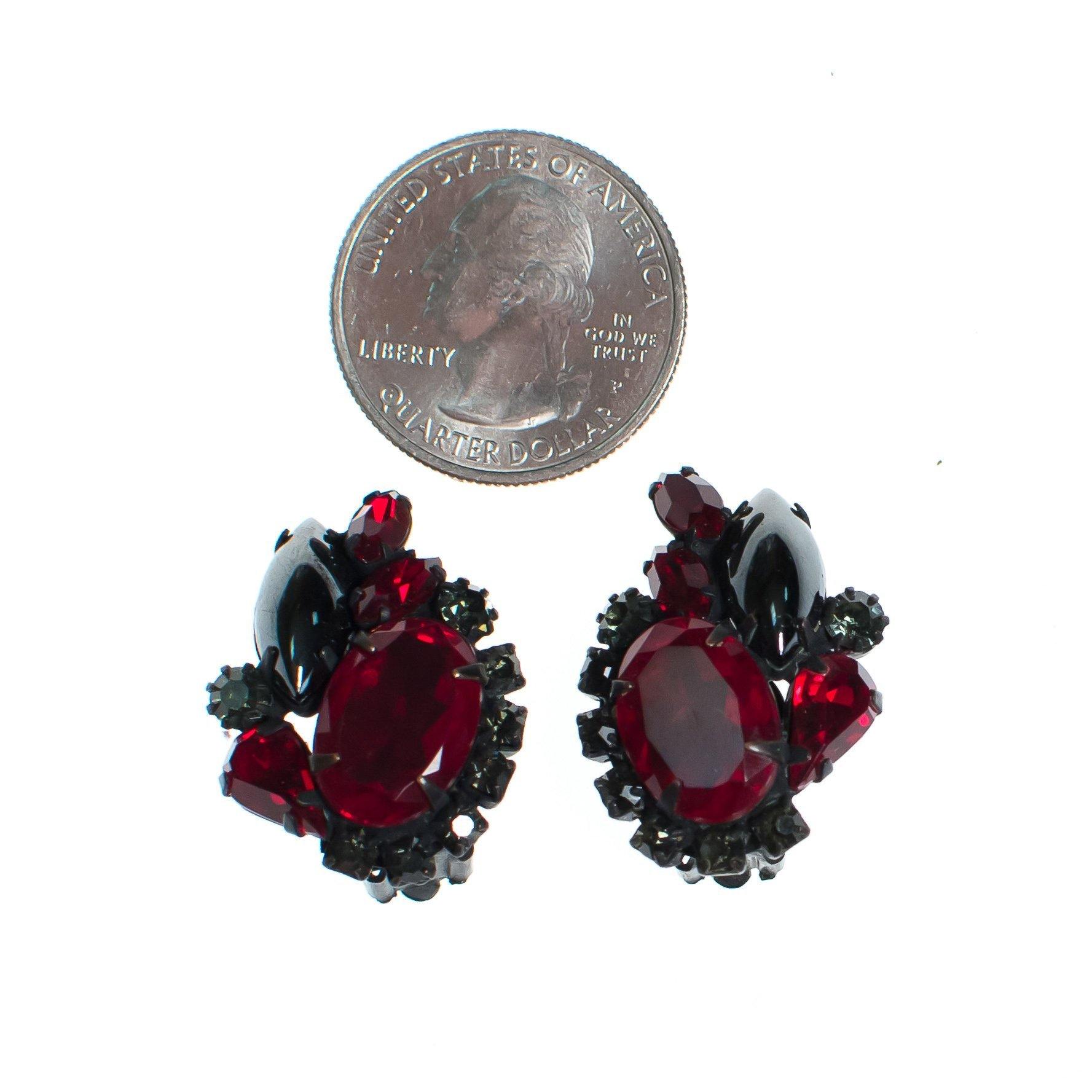 Vintage Weiss Hematite, Jet, and Red Rhinestone Statement Earrings by Weiss - Vintage Meet Modern Vintage Jewelry - Chicago, Illinois - #oldhollywoodglamour #vintagemeetmodern #designervintage #jewelrybox #antiquejewelry #vintagejewelry