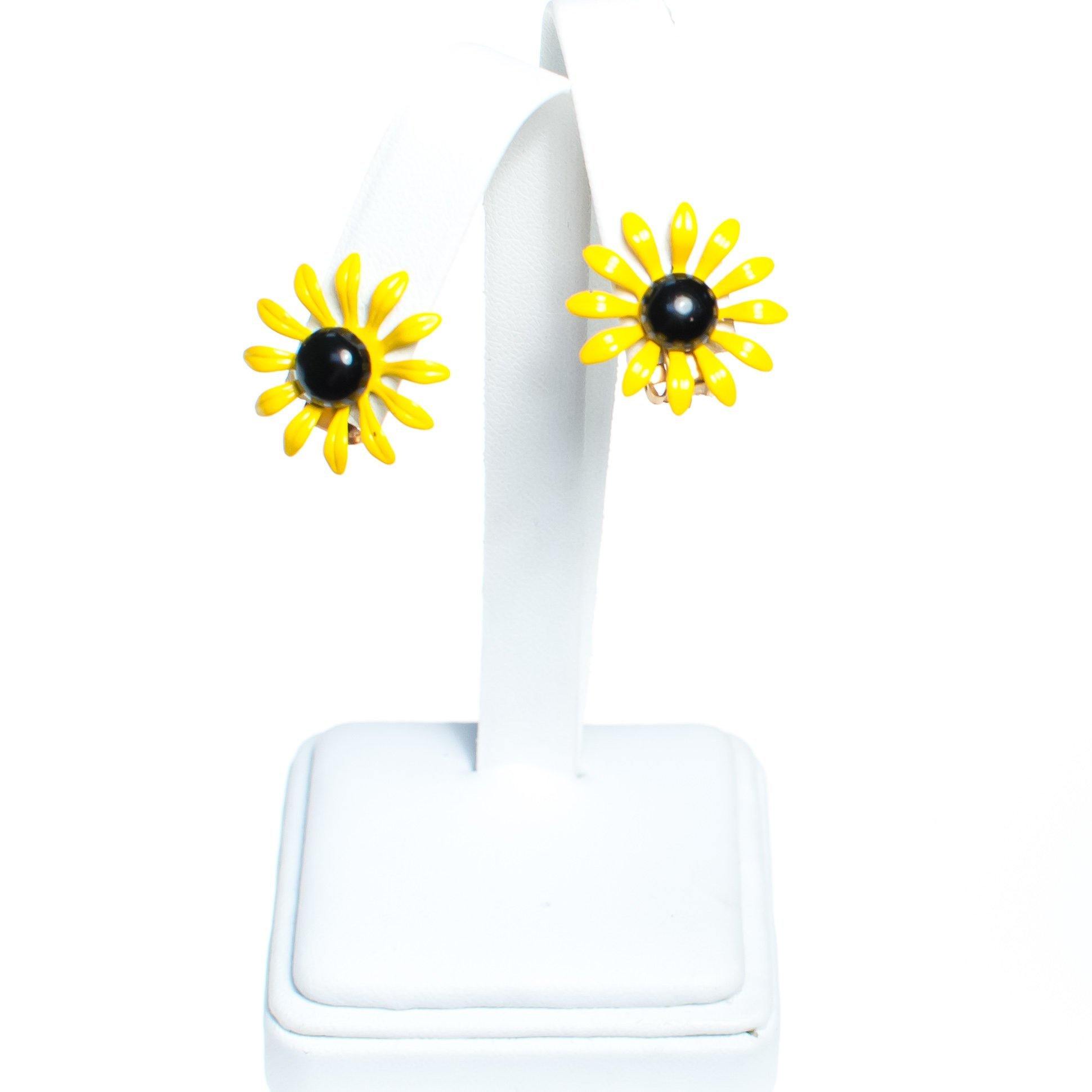 Vintage 1950s Black Eyed Susan Yellow and Black Enamel Flower Statement Earrings by 1950s - Vintage Meet Modern Vintage Jewelry - Chicago, Illinois - #oldhollywoodglamour #vintagemeetmodern #designervintage #jewelrybox #antiquejewelry #vintagejewelry