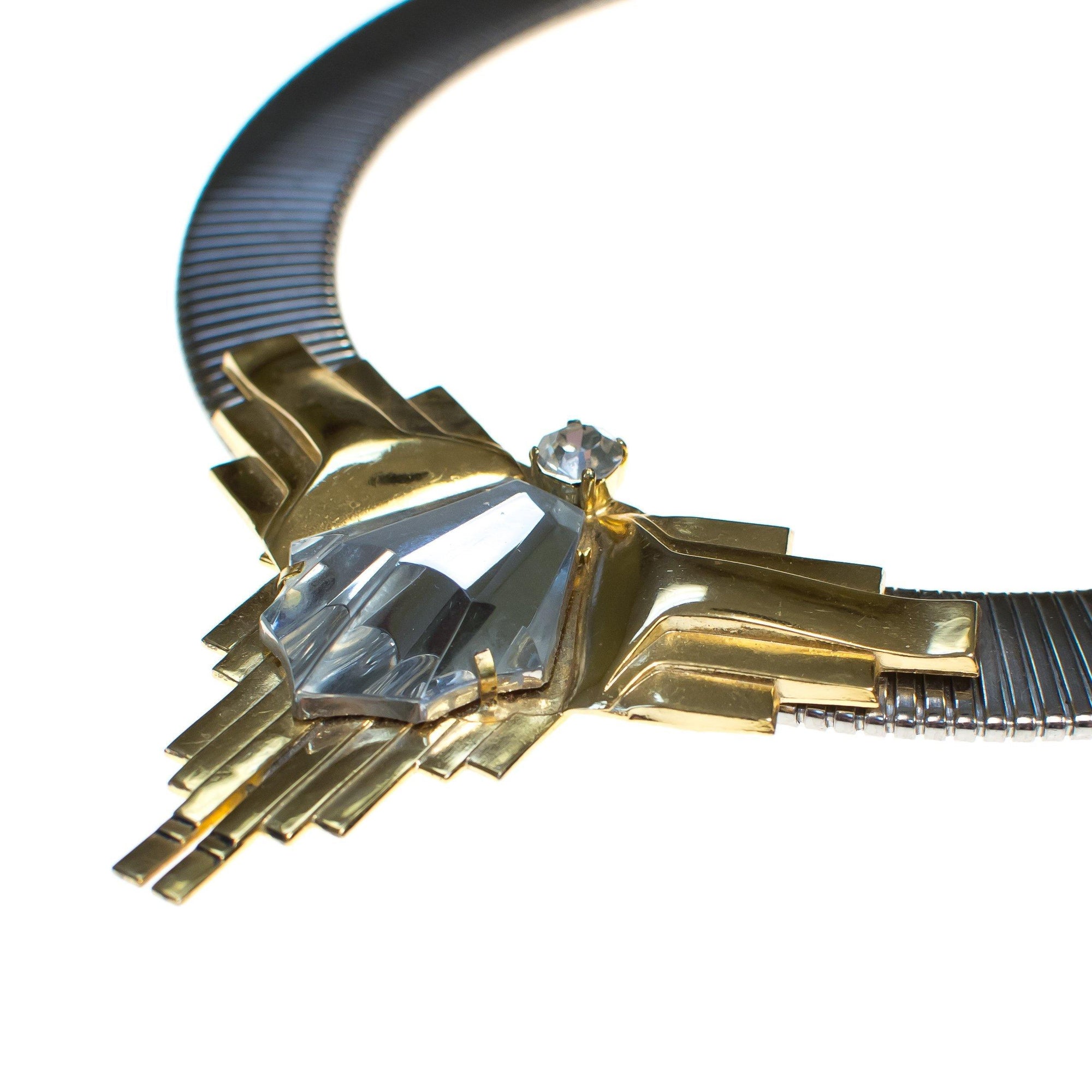 Vintage 1980s Art Deco Inspired Steampunk Collar Necklace in Silver with Gold Accented and Carved Geometric Crystal by 1980s - Vintage Meet Modern Vintage Jewelry - Chicago, Illinois - #oldhollywoodglamour #vintagemeetmodern #designervintage #jewelrybox #antiquejewelry #vintagejewelry