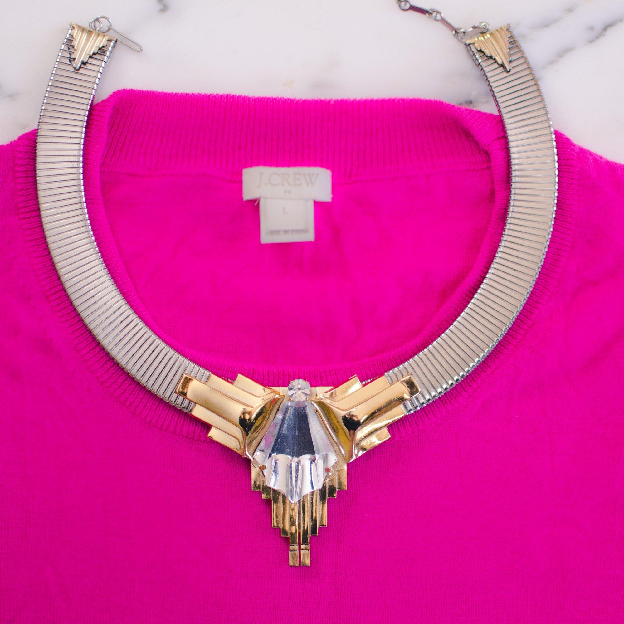 Vintage 1980s Art Deco Inspired Steampunk Collar Necklace in Silver with Gold Accented and Carved Geometric Crystal by 1980s - Vintage Meet Modern Vintage Jewelry - Chicago, Illinois - #oldhollywoodglamour #vintagemeetmodern #designervintage #jewelrybox #antiquejewelry #vintagejewelry