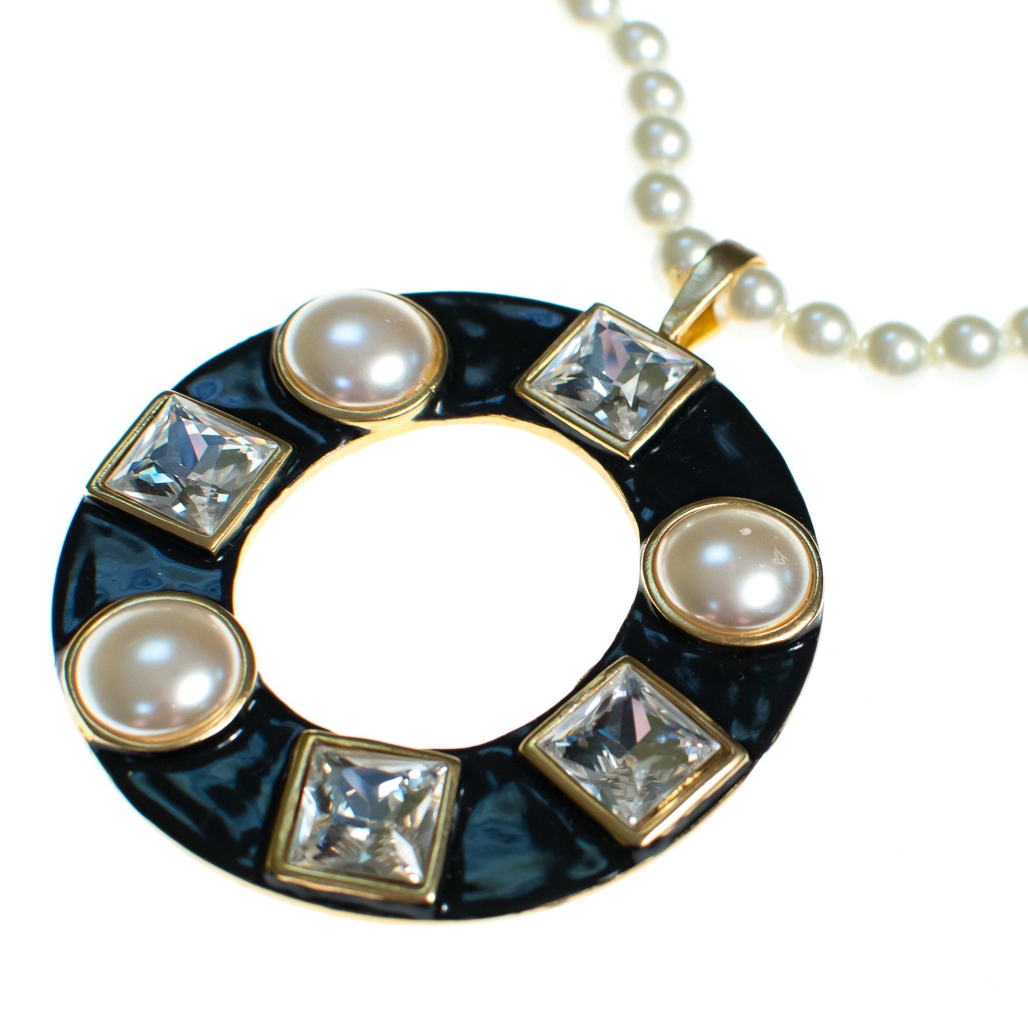 Vintage Kenneth Jay lane Pearl Diamante Crystal and Black Enamel Pendant Statement Necklace by Kenneth Jay lane - Vintage Meet Modern Vintage Jewelry - Chicago, Illinois - #oldhollywoodglamour #vintagemeetmodern #designervintage #jewelrybox #antiquejewelry #vintagejewelry