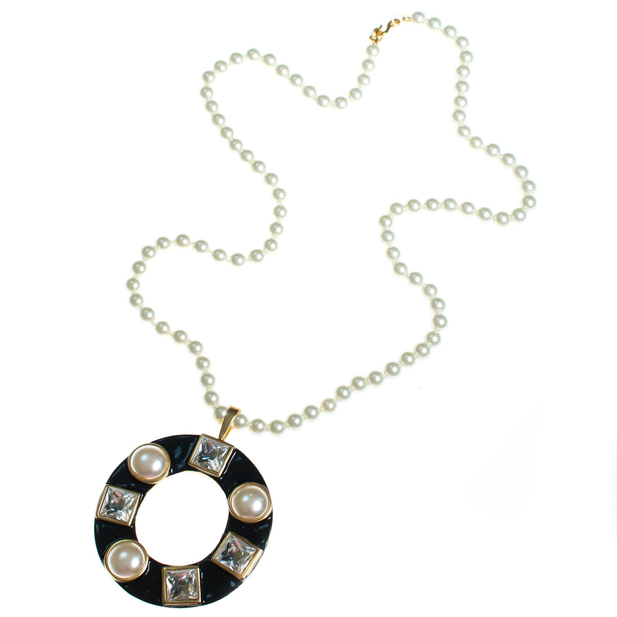 Vintage Kenneth Jay lane Pearl Diamante Crystal and Black Enamel Pendant Statement Necklace by Kenneth Jay lane - Vintage Meet Modern Vintage Jewelry - Chicago, Illinois - #oldhollywoodglamour #vintagemeetmodern #designervintage #jewelrybox #antiquejewelry #vintagejewelry