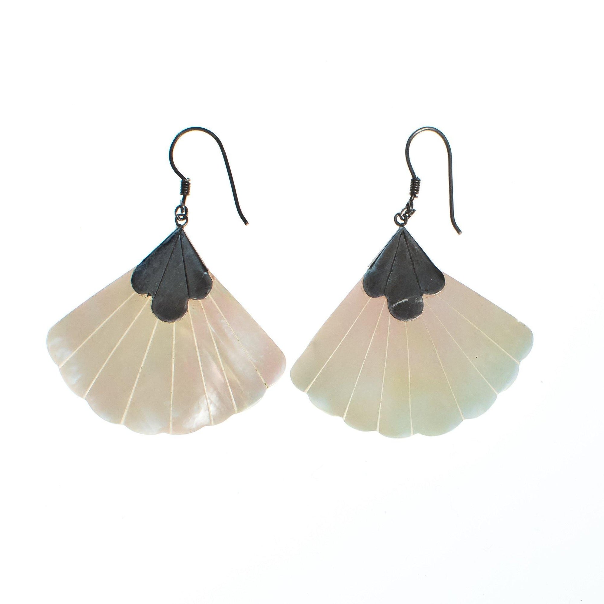 Vintage Mother of Pearl Fan Dangling Earrings with Sterling Silver by 1980s - Vintage Meet Modern Vintage Jewelry - Chicago, Illinois - #oldhollywoodglamour #vintagemeetmodern #designervintage #jewelrybox #antiquejewelry #vintagejewelry