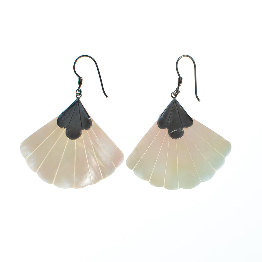 Vintage Mother of Pearl Fan Dangling Earrings with Sterling Silver by 1980s - Vintage Meet Modern Vintage Jewelry - Chicago, Illinois - #oldhollywoodglamour #vintagemeetmodern #designervintage #jewelrybox #antiquejewelry #vintagejewelry