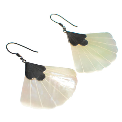 Vintage Mother of Pearl Fan Dangling Earrings with Sterling Silver by 1980s - Vintage Meet Modern Vintage Jewelry - Chicago, Illinois - #oldhollywoodglamour #vintagemeetmodern #designervintage #jewelrybox #antiquejewelry #vintagejewelry