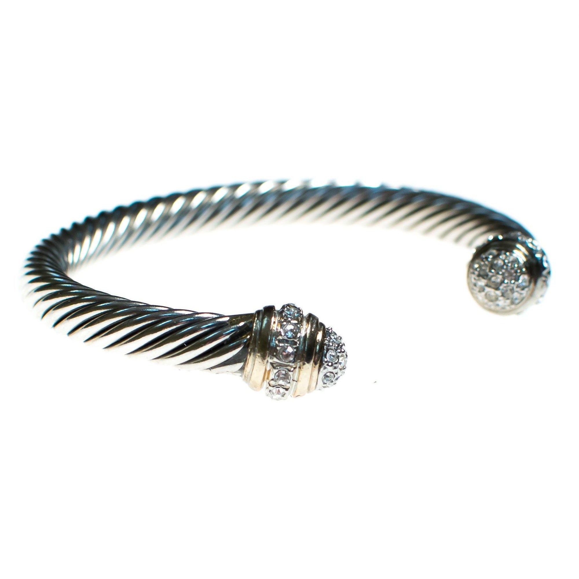 Vintage Silver Cable Open Cuff Bracelet with Pave Crystal Tips by 1990s - Vintage Meet Modern Vintage Jewelry - Chicago, Illinois - #oldhollywoodglamour #vintagemeetmodern #designervintage #jewelrybox #antiquejewelry #vintagejewelry