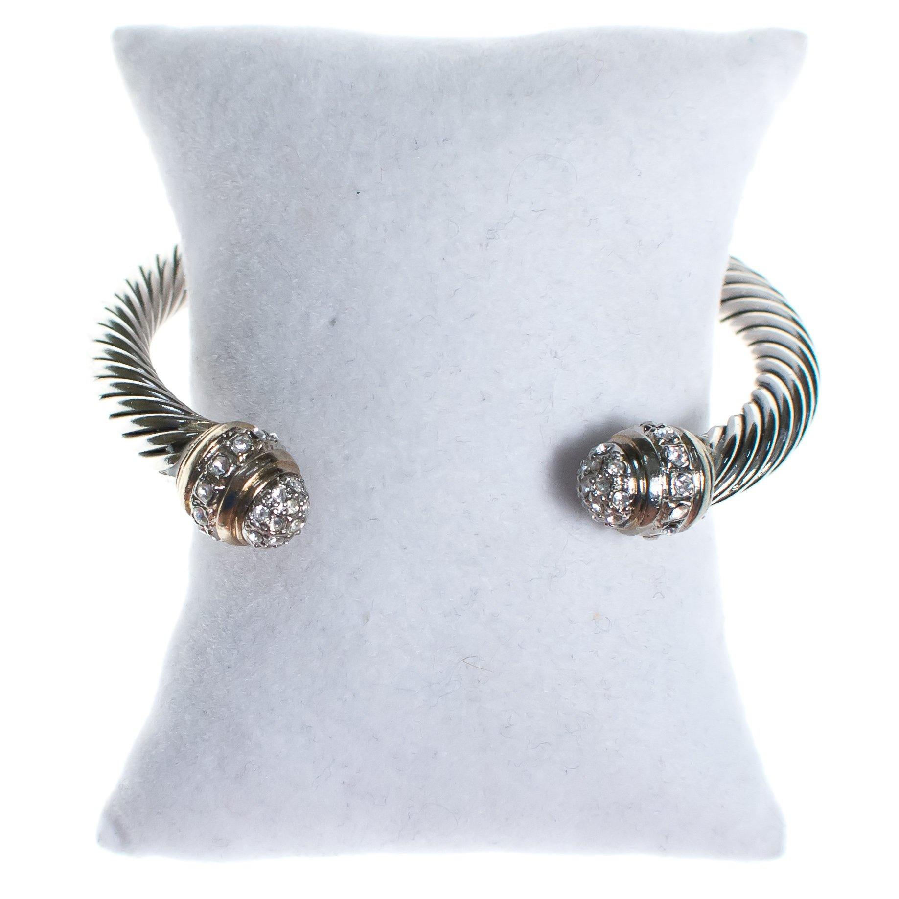 Vintage Silver Cable Open Cuff Bracelet with Pave Crystal Tips by 1990s - Vintage Meet Modern Vintage Jewelry - Chicago, Illinois - #oldhollywoodglamour #vintagemeetmodern #designervintage #jewelrybox #antiquejewelry #vintagejewelry