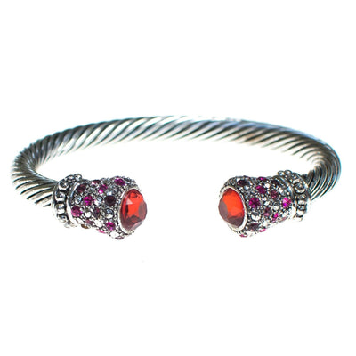 Vintage Silver Cable Cuff Bracelet with Orange Crystal Caps and Pink and Diamante Pave Rhinestone Accents by 1990s - Vintage Meet Modern Vintage Jewelry - Chicago, Illinois - #oldhollywoodglamour #vintagemeetmodern #designervintage #jewelrybox #antiquejewelry #vintagejewelry