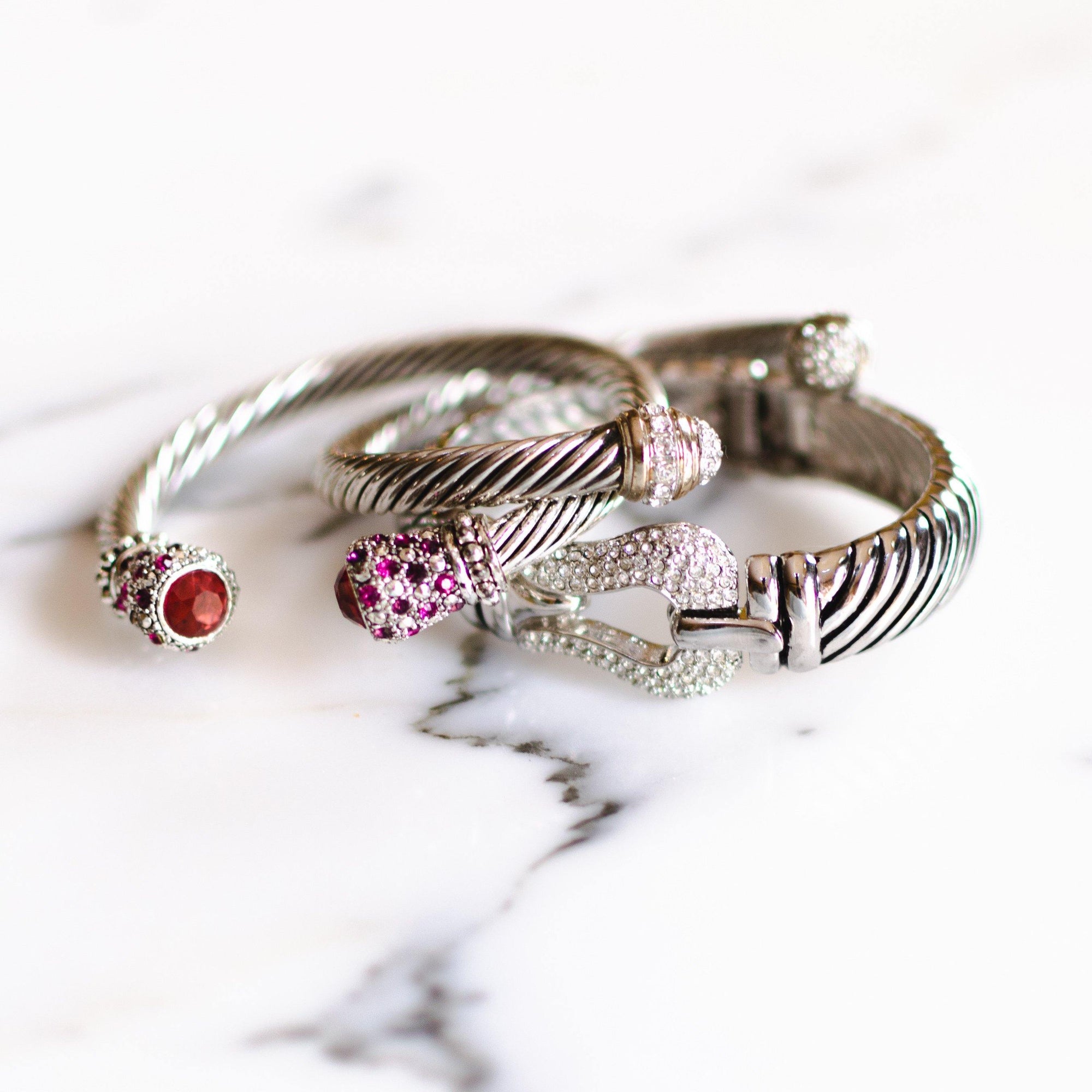 Vintage Silver Cable Open Cuff Bracelet with Pave Crystal Tips by 1990s - Vintage Meet Modern Vintage Jewelry - Chicago, Illinois - #oldhollywoodglamour #vintagemeetmodern #designervintage #jewelrybox #antiquejewelry #vintagejewelry