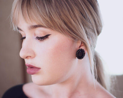 Vintage Jet Black Rhinestone Earrings, Clip-on by 1950s - Vintage Meet Modern Vintage Jewelry - Chicago, Illinois - #oldhollywoodglamour #vintagemeetmodern #designervintage #jewelrybox #antiquejewelry #vintagejewelry