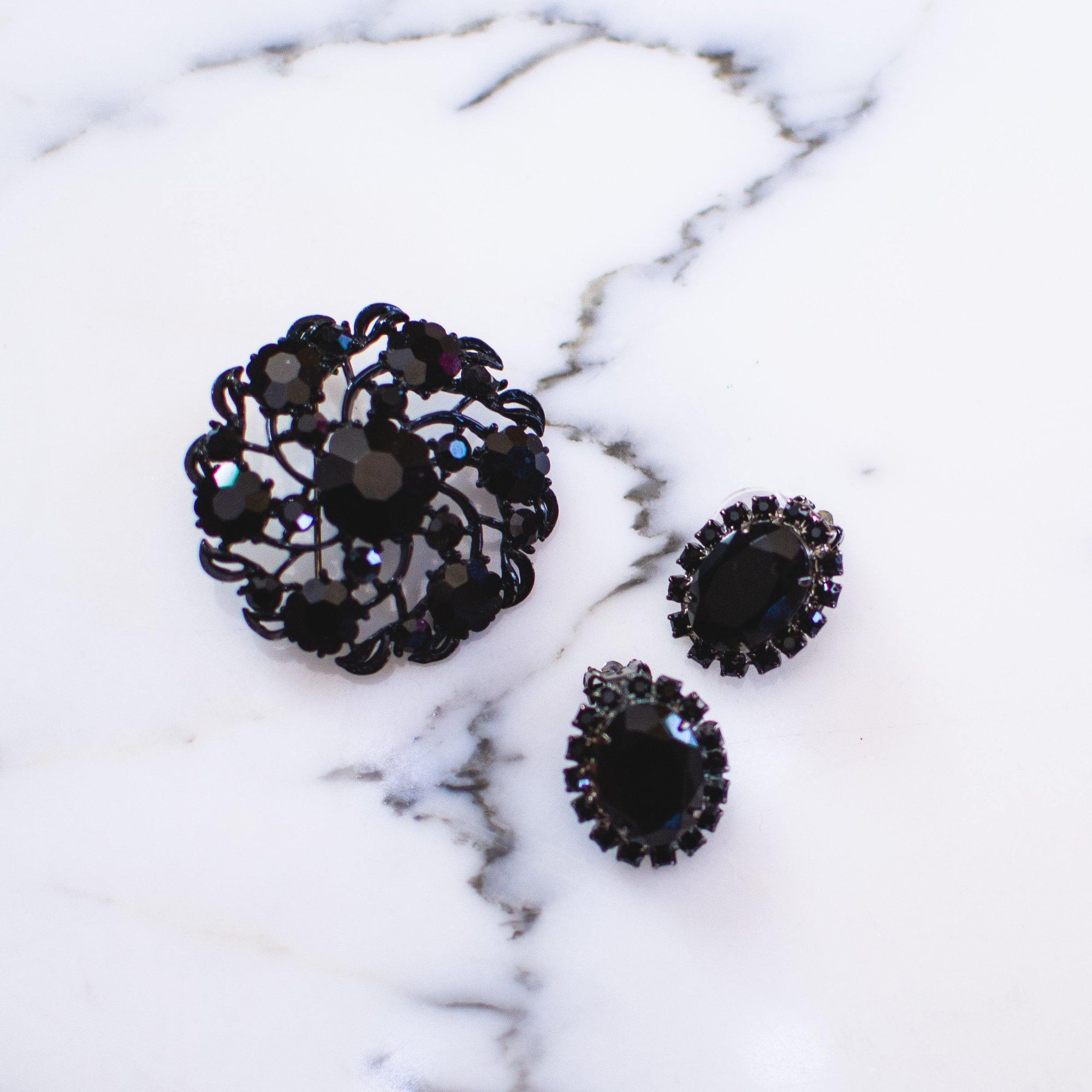Vintage Jet Black Rhinestone Earrings, Clip-on by 1950s - Vintage Meet Modern Vintage Jewelry - Chicago, Illinois - #oldhollywoodglamour #vintagemeetmodern #designervintage #jewelrybox #antiquejewelry #vintagejewelry