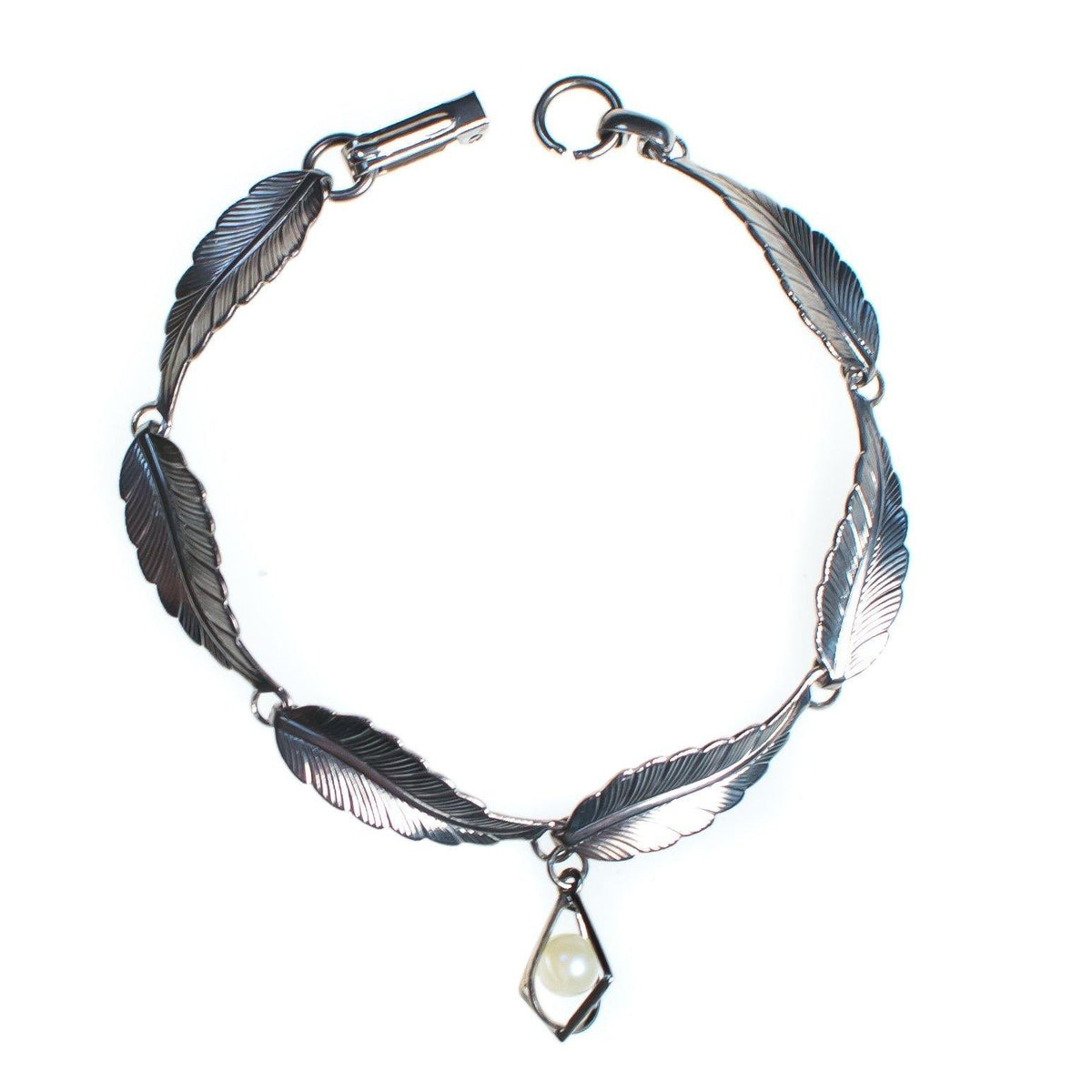 Vintage Silver Leaf Bracelet with Caged Pearl Charm