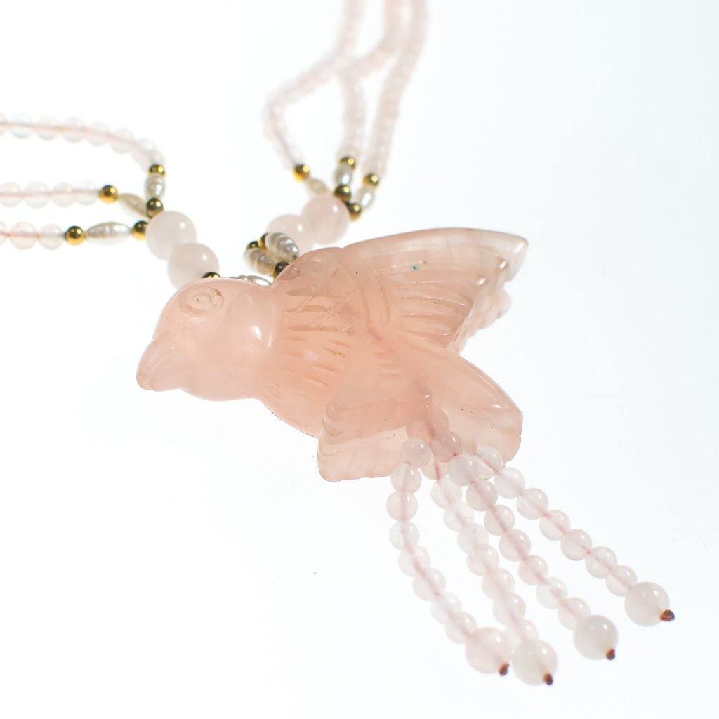 Vintage Genuine Rose Quartz Beaded Necklace with Carved Rose Quartz Bird by Rose Quartz - Vintage Meet Modern Vintage Jewelry - Chicago, Illinois - #oldhollywoodglamour #vintagemeetmodern #designervintage #jewelrybox #antiquejewelry #vintagejewelry
