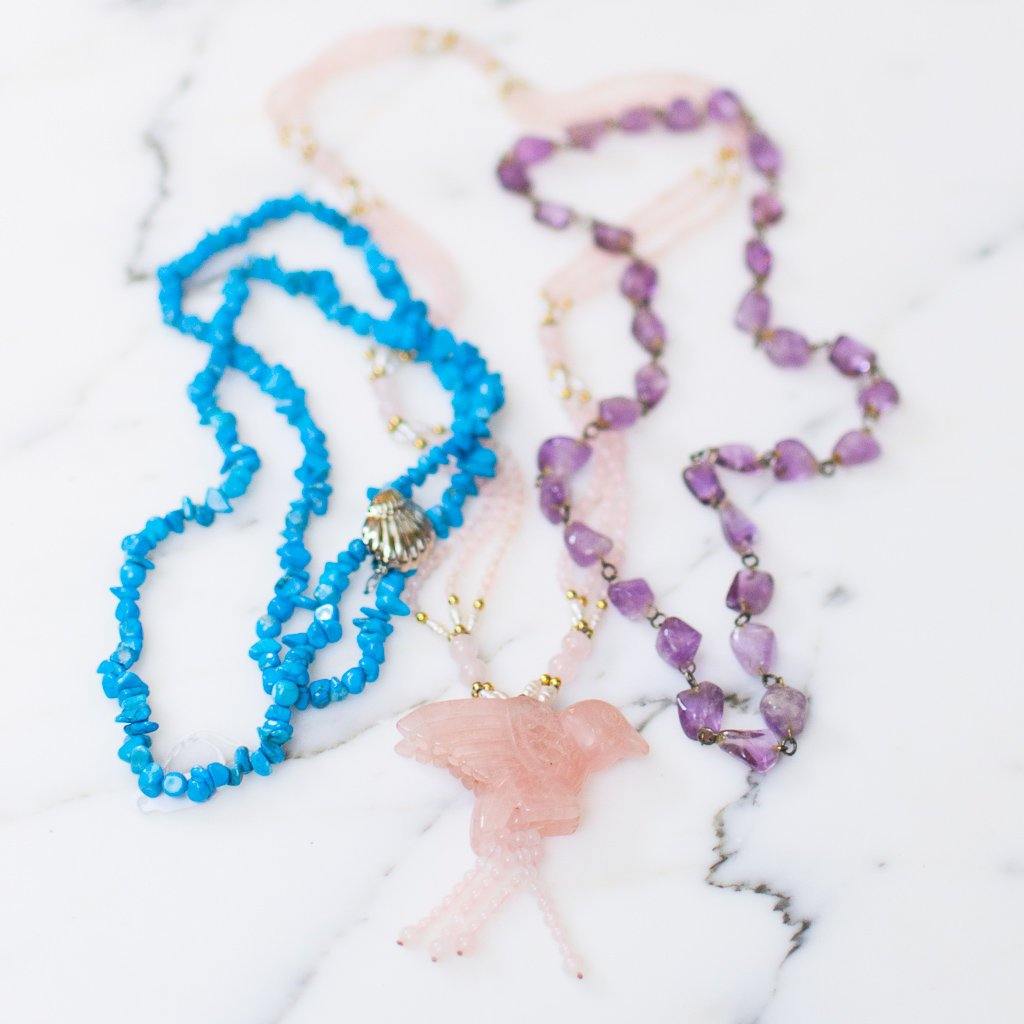 Vintage Genuine Rose Quartz Beaded Necklace with Carved Rose Quartz Bird by Rose Quartz - Vintage Meet Modern Vintage Jewelry - Chicago, Illinois - #oldhollywoodglamour #vintagemeetmodern #designervintage #jewelrybox #antiquejewelry #vintagejewelry
