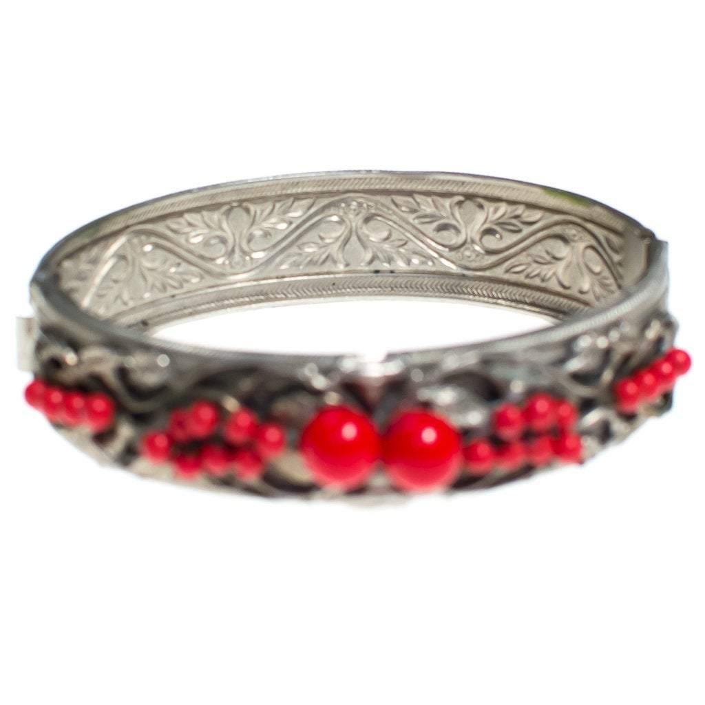 Vintage 1920s 1930s Czech Silver Tone Bangle Bracelet with Red Beads and Embossed Floral Details by Czech - Vintage Meet Modern Vintage Jewelry - Chicago, Illinois - #oldhollywoodglamour #vintagemeetmodern #designervintage #jewelrybox #antiquejewelry #vintagejewelry