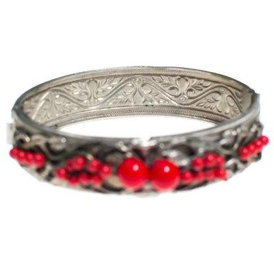 Vintage 1920s 1930s Czech Silver Tone Bangle Bracelet with Red Beads and Embossed Floral Details by Czech - Vintage Meet Modern Vintage Jewelry - Chicago, Illinois - #oldhollywoodglamour #vintagemeetmodern #designervintage #jewelrybox #antiquejewelry #vintagejewelry