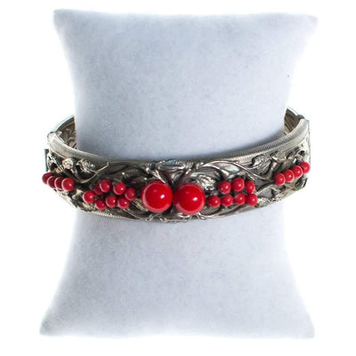 Vintage 1920s 1930s Czech Silver Tone Bangle Bracelet with Red Beads and Embossed Floral Details by Czech - Vintage Meet Modern Vintage Jewelry - Chicago, Illinois - #oldhollywoodglamour #vintagemeetmodern #designervintage #jewelrybox #antiquejewelry #vintagejewelry
