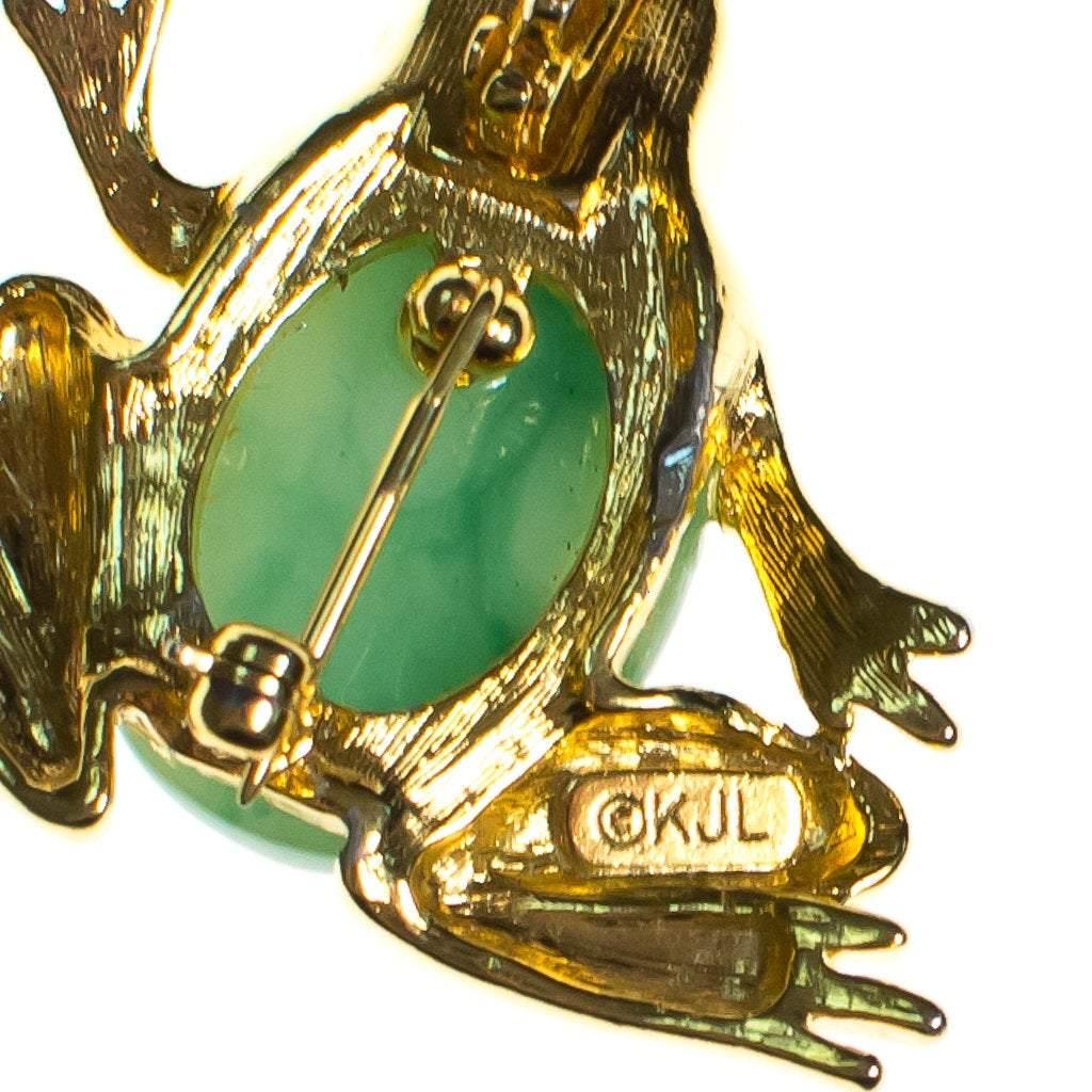 Vintage Kenneth Jay Lane Gold Frog with Jade Green Belly Brooch/Pendant by KJL - Vintage Meet Modern Vintage Jewelry - Chicago, Illinois - #oldhollywoodglamour #vintagemeetmodern #designervintage #jewelrybox #antiquejewelry #vintagejewelry