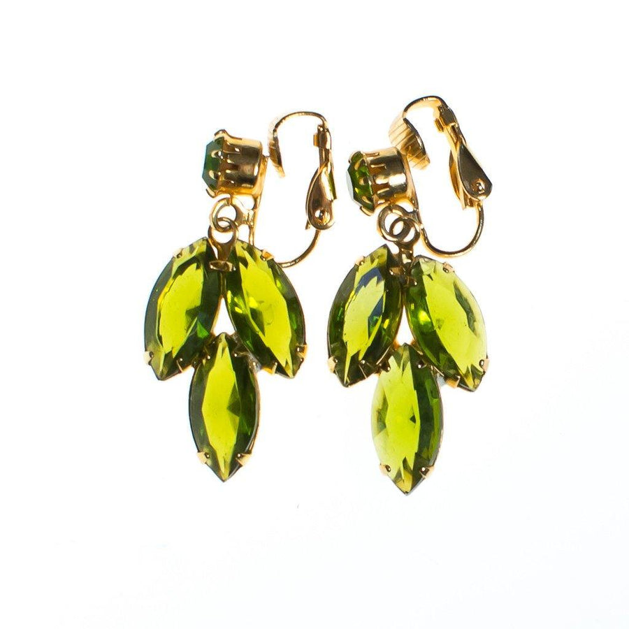 Vintage 1950s chartreuse green rhinestone dangling statement earrings by 1950s - Vintage Meet Modern Vintage Jewelry - Chicago, Illinois - #oldhollywoodglamour #vintagemeetmodern #designervintage #jewelrybox #antiquejewelry #vintagejewelry