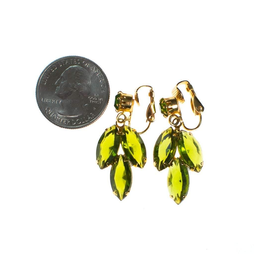 Vintage 1950s chartreuse green rhinestone dangling statement earrings by 1950s - Vintage Meet Modern Vintage Jewelry - Chicago, Illinois - #oldhollywoodglamour #vintagemeetmodern #designervintage #jewelrybox #antiquejewelry #vintagejewelry