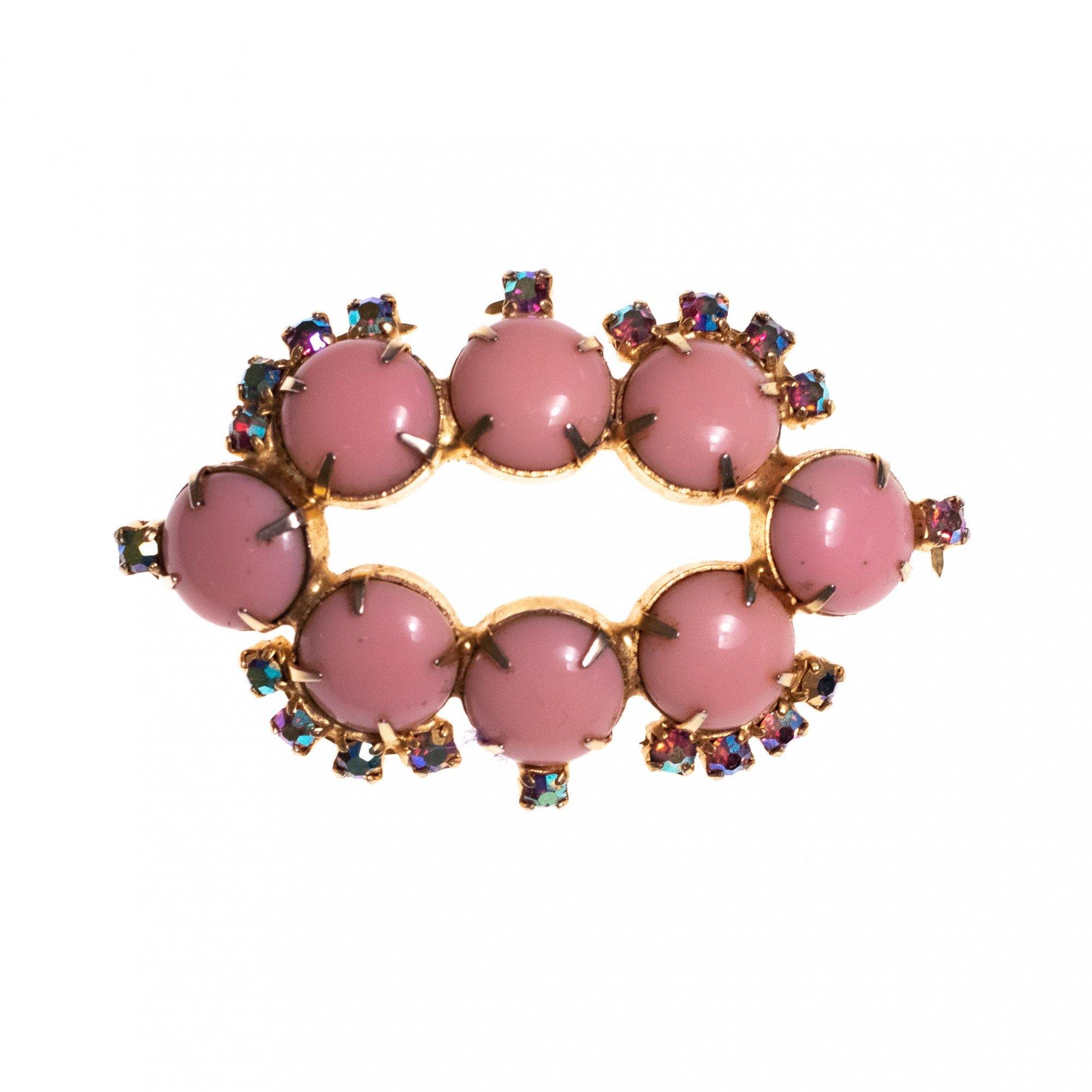 Vintage 1950s Aurora Borealis Brooch with Bubble Gum Pink Cabochons by 1950s - Vintage Meet Modern Vintage Jewelry - Chicago, Illinois - #oldhollywoodglamour #vintagemeetmodern #designervintage #jewelrybox #antiquejewelry #vintagejewelry