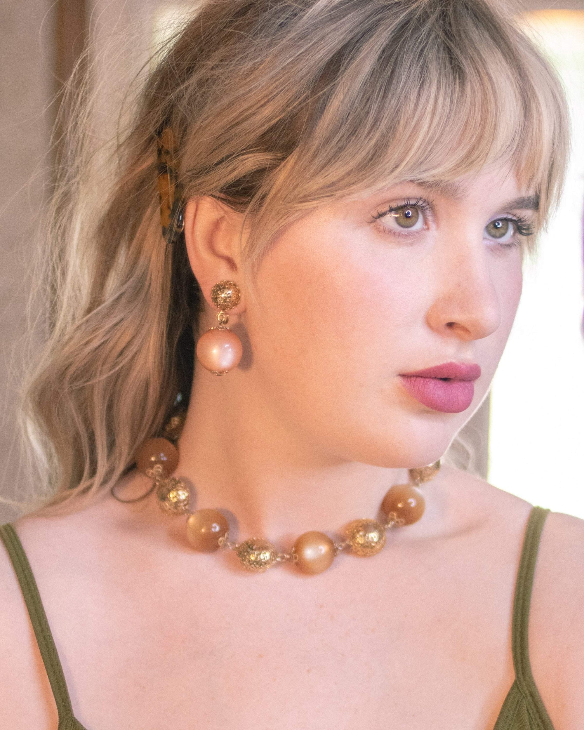 Vintage 1960s Champagne Moonglow Bead Necklace with Gold Filigree by 1960s - Vintage Meet Modern Vintage Jewelry - Chicago, Illinois - #oldhollywoodglamour #vintagemeetmodern #designervintage #jewelrybox #antiquejewelry #vintagejewelry