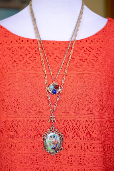 Vintage Victorian Revival Locket Necklace with Turquoise, Lapis, and Carnelian Art Glass by 1950s - Vintage Meet Modern Vintage Jewelry - Chicago, Illinois - #oldhollywoodglamour #vintagemeetmodern #designervintage #jewelrybox #antiquejewelry #vintagejewelry